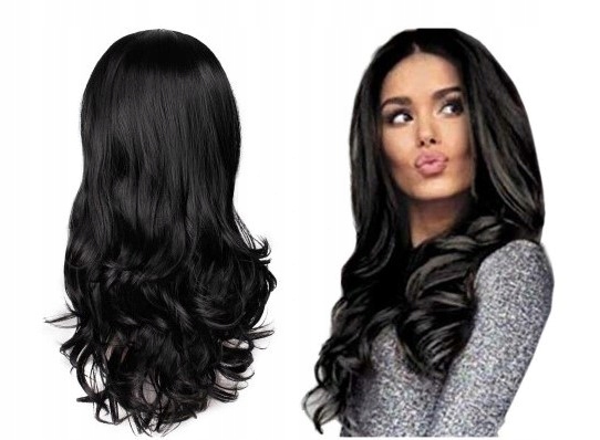 Peruka czarna długie włosy Brunetka Fale