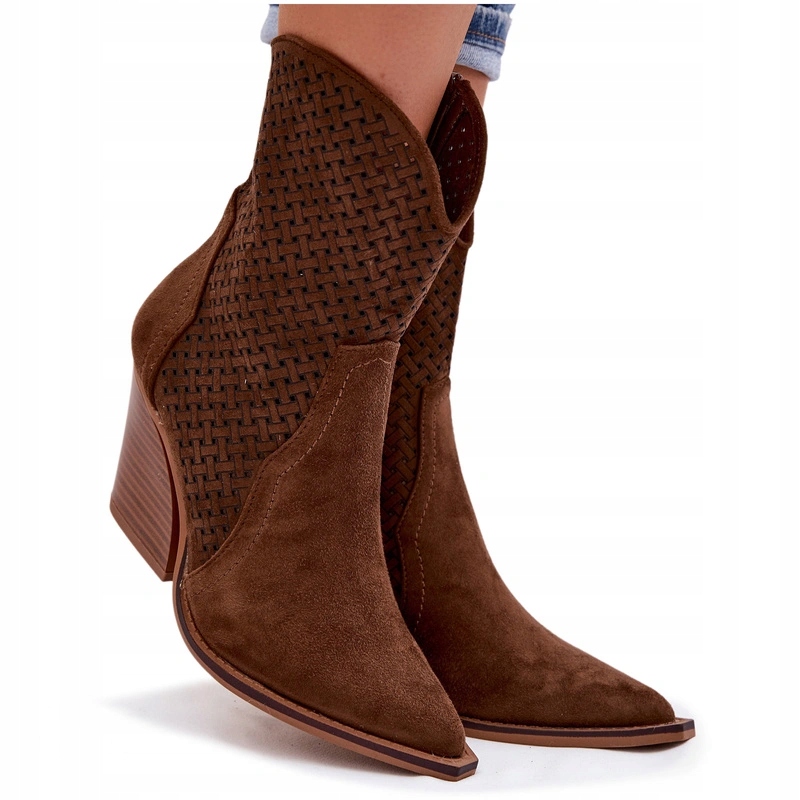 Kotníkové Boty Kovbojské Boty Ažurové Eko Semišové Na Podpatku Hnědé 37