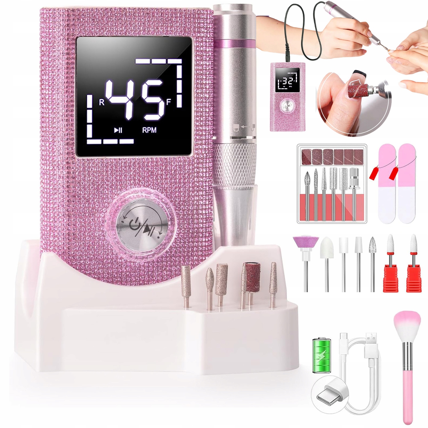 Bezdrátová Vrtačka Bruska Se Sadou Stanice Pro Manikúru A Pedikúru S LCD Displejem