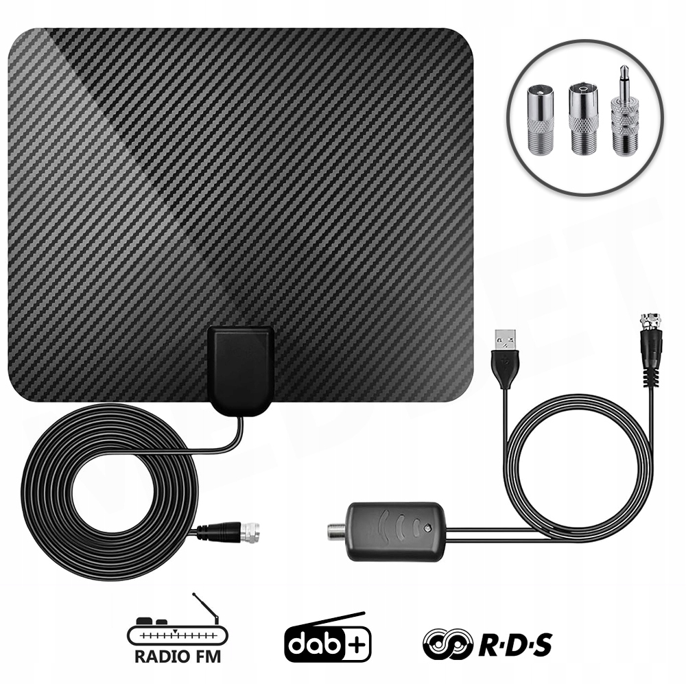 NAJWIĘKSZA 33x23 CM ANTENA FM DAB+ WZMACNIACZ +4 WTYKI DO KINA RADIA