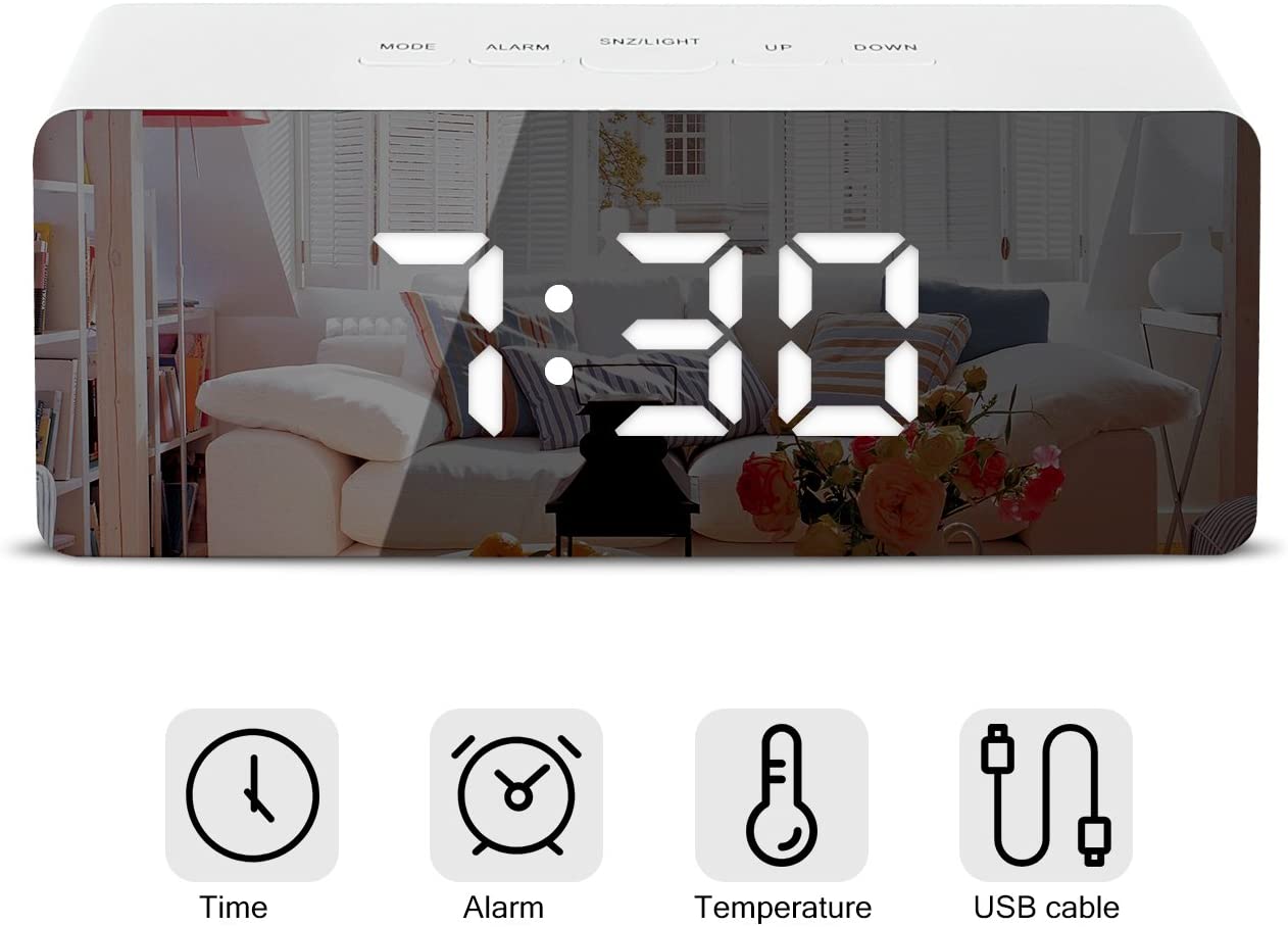 ZEGAR ELEKTRONICZNY LED STOJĄCY BUDZIK LUSTRO ALARM ZEGAREK Kolor czarny