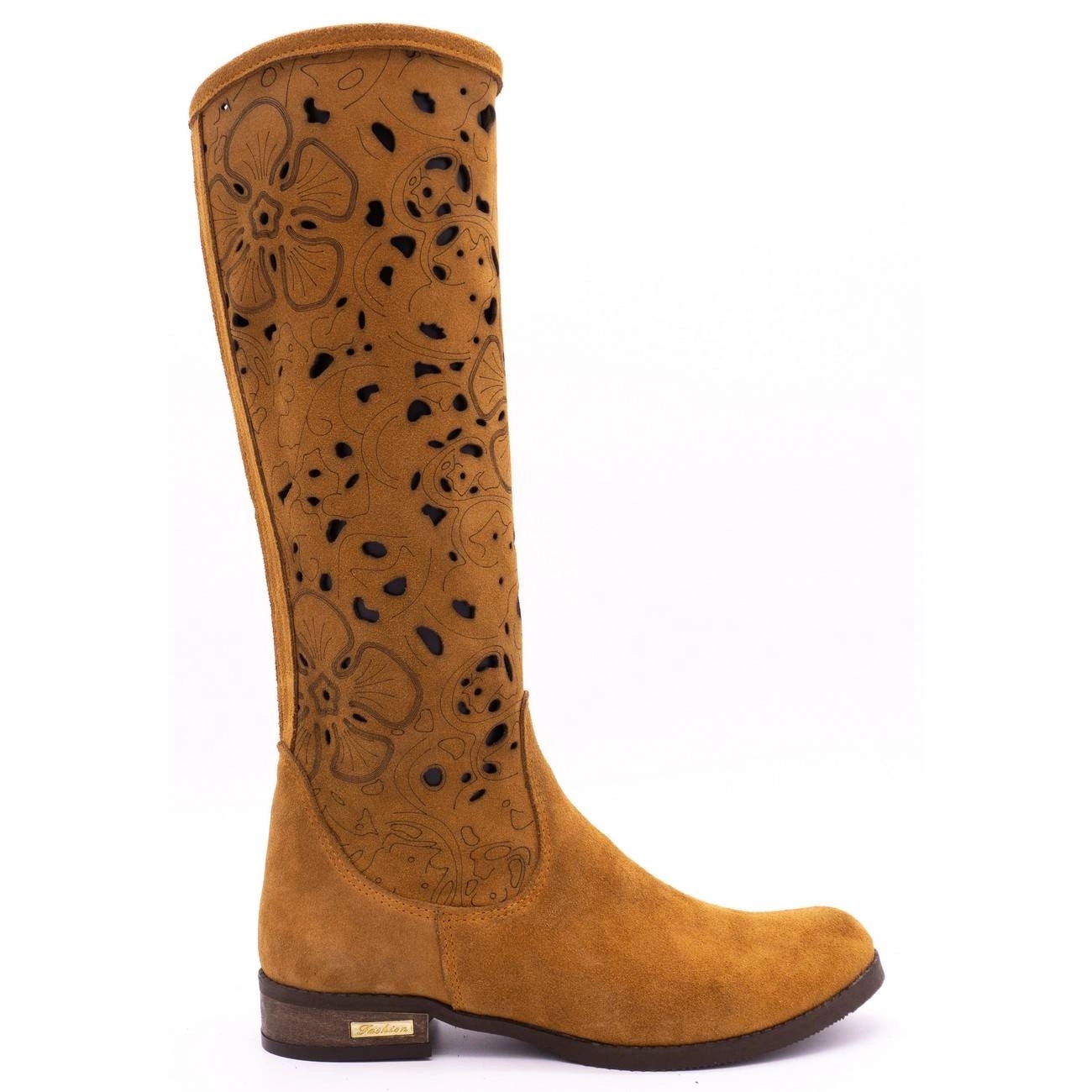 Dámské ažurové kozačky s květinovými výřezy z kůže Květiny rudý nízký podpatek 42