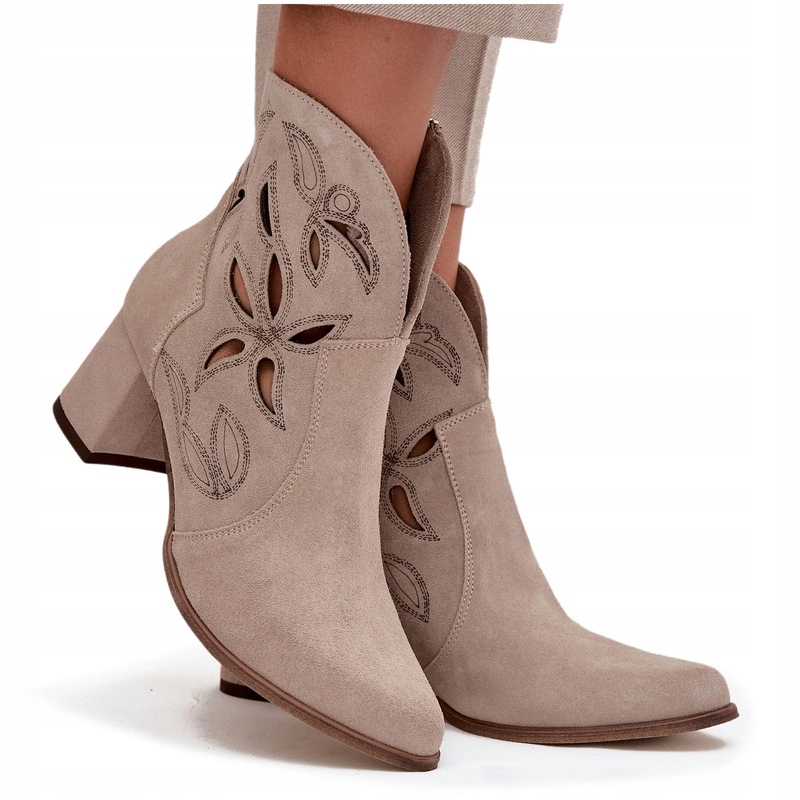 Dámské Kotníkové Boty Ažurové Semišové Sloupek Zazoo 3647 Cappuccino 41