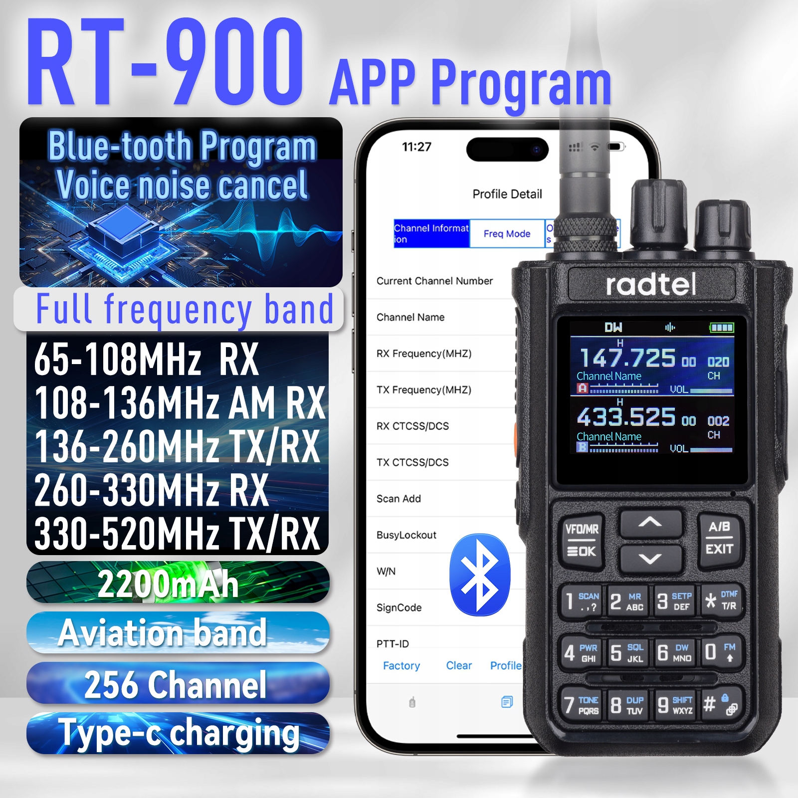 Radtel RT-900 8W Full-Band Bluetooth 256CH Air Band Walkie Talkie z Ptt