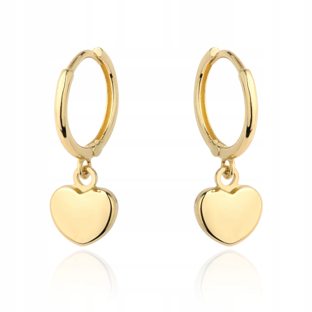 Zlaté náušnice 585 Kolečka s závěsnými Srdíčky 1.3g hladké plechy srdce 14k