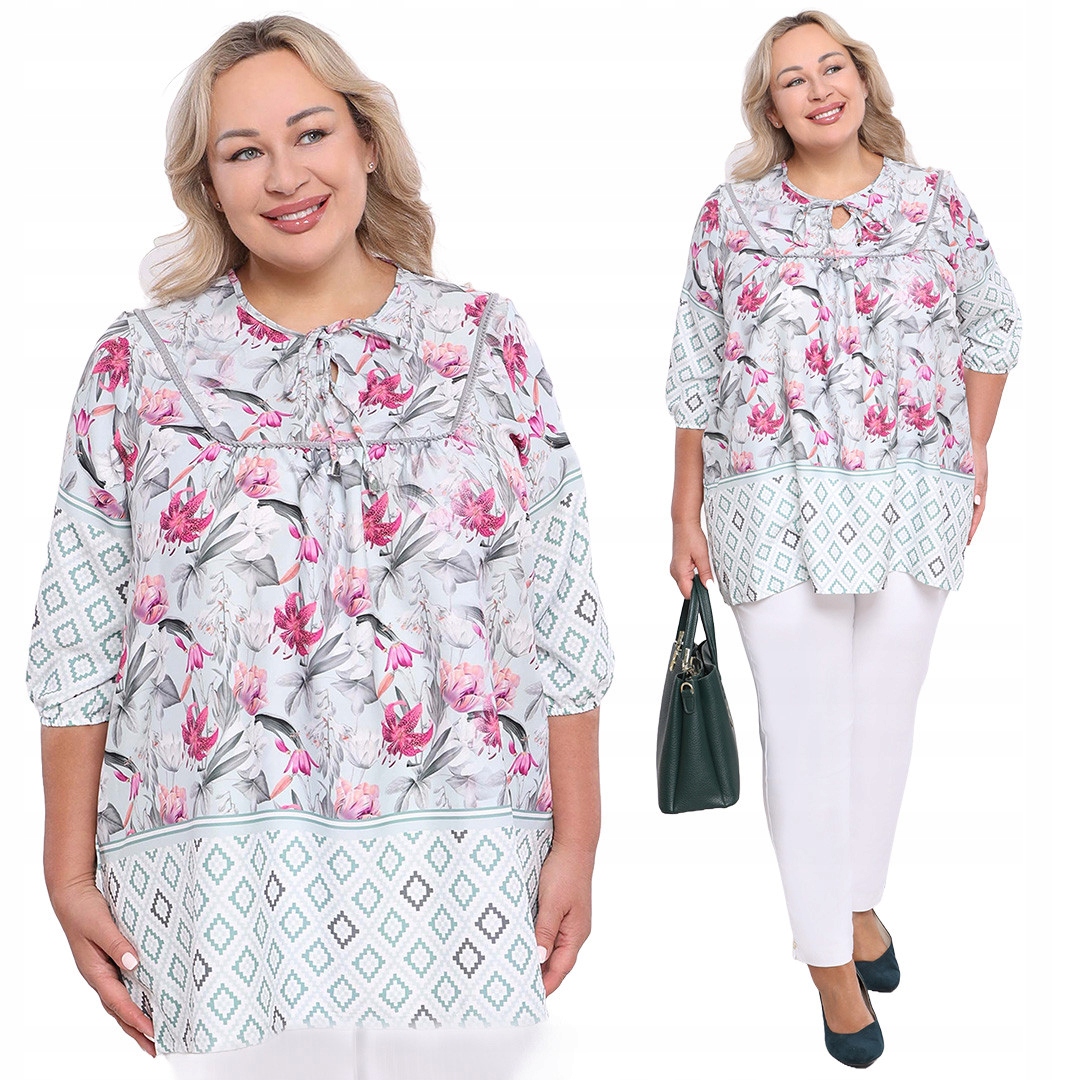 Tunika s provázkem, šedo-růžové vzory 60/62