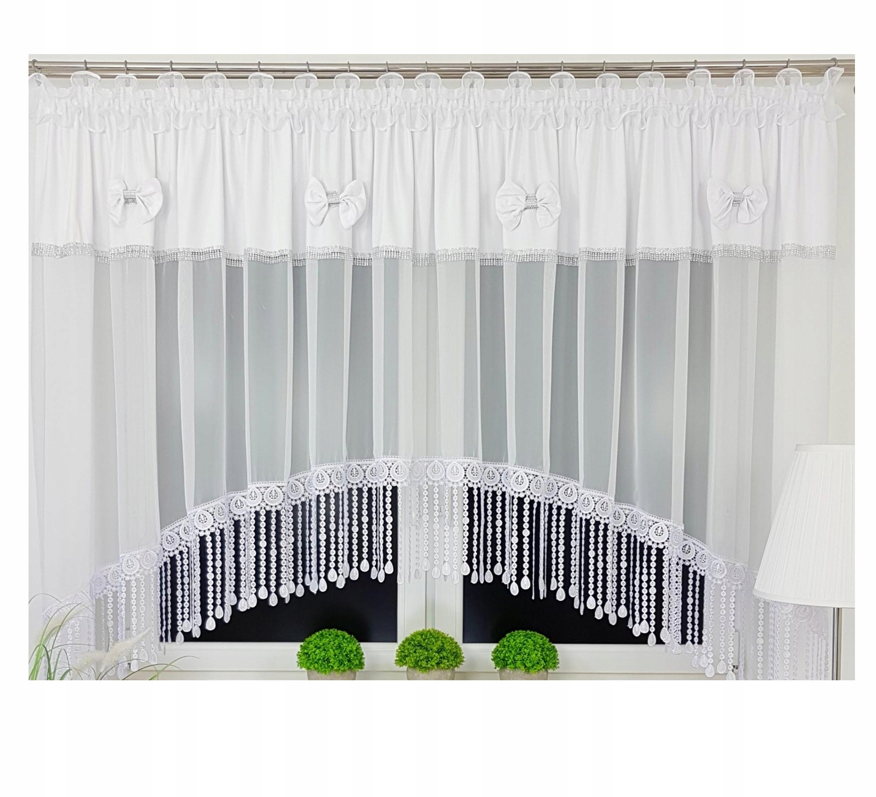 Firana Dekoracyjna Łuk Firanki Z Kokardkami I Cyrkoniami Do Salonu Białe