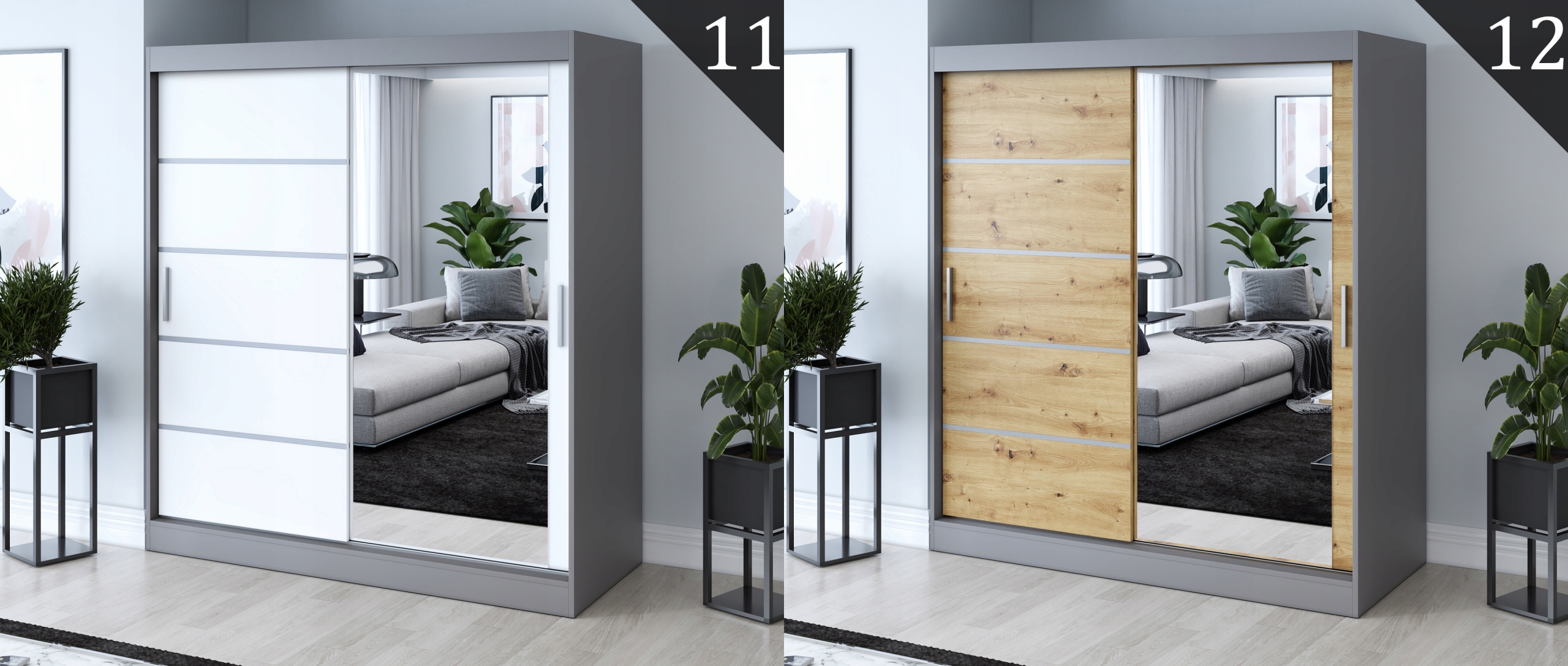 Szafa Przesuwna 180 cm Biała Listwy Lustro Wysokość mebla 200 cm