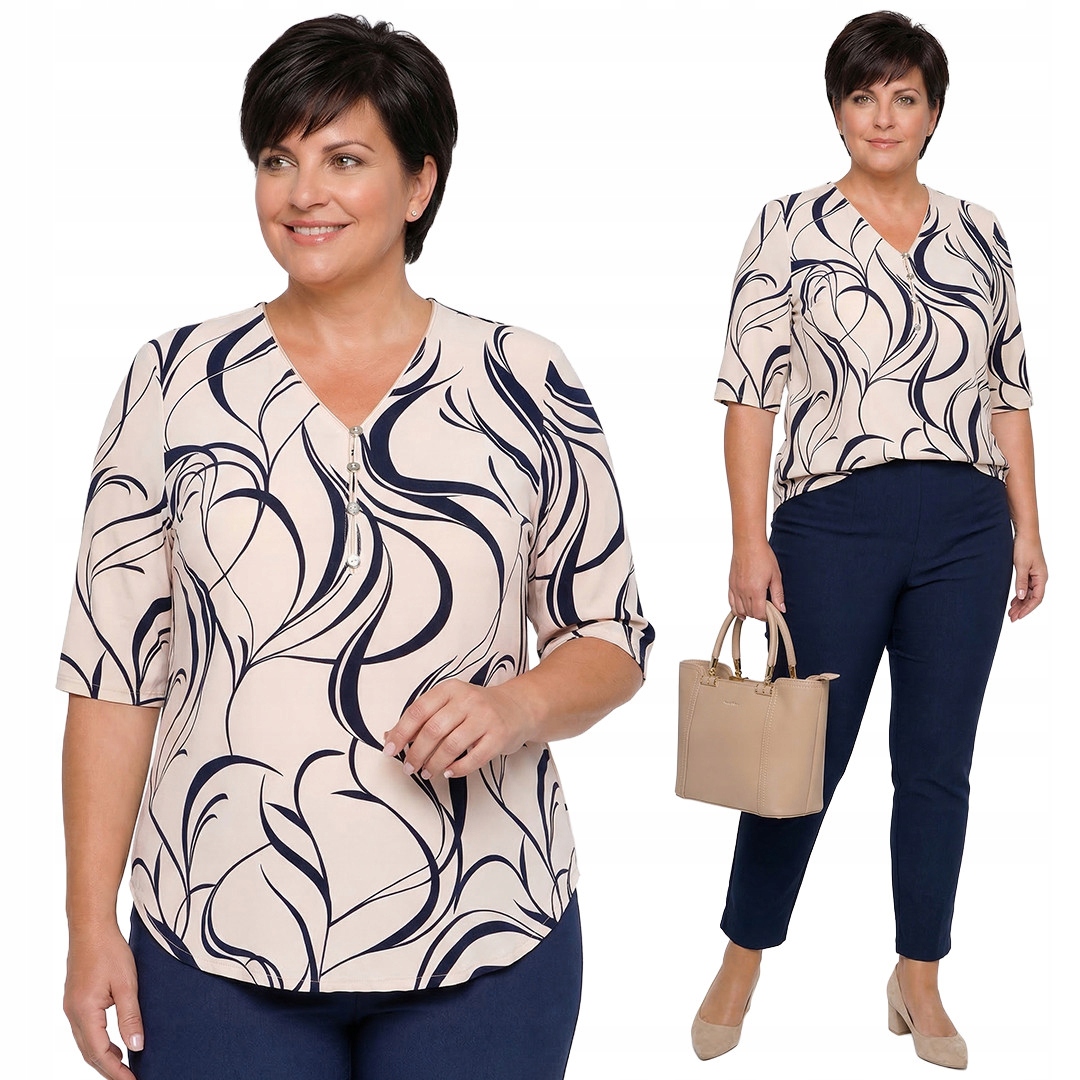 Béžová halenka s modrými vzory plus size velikost 50