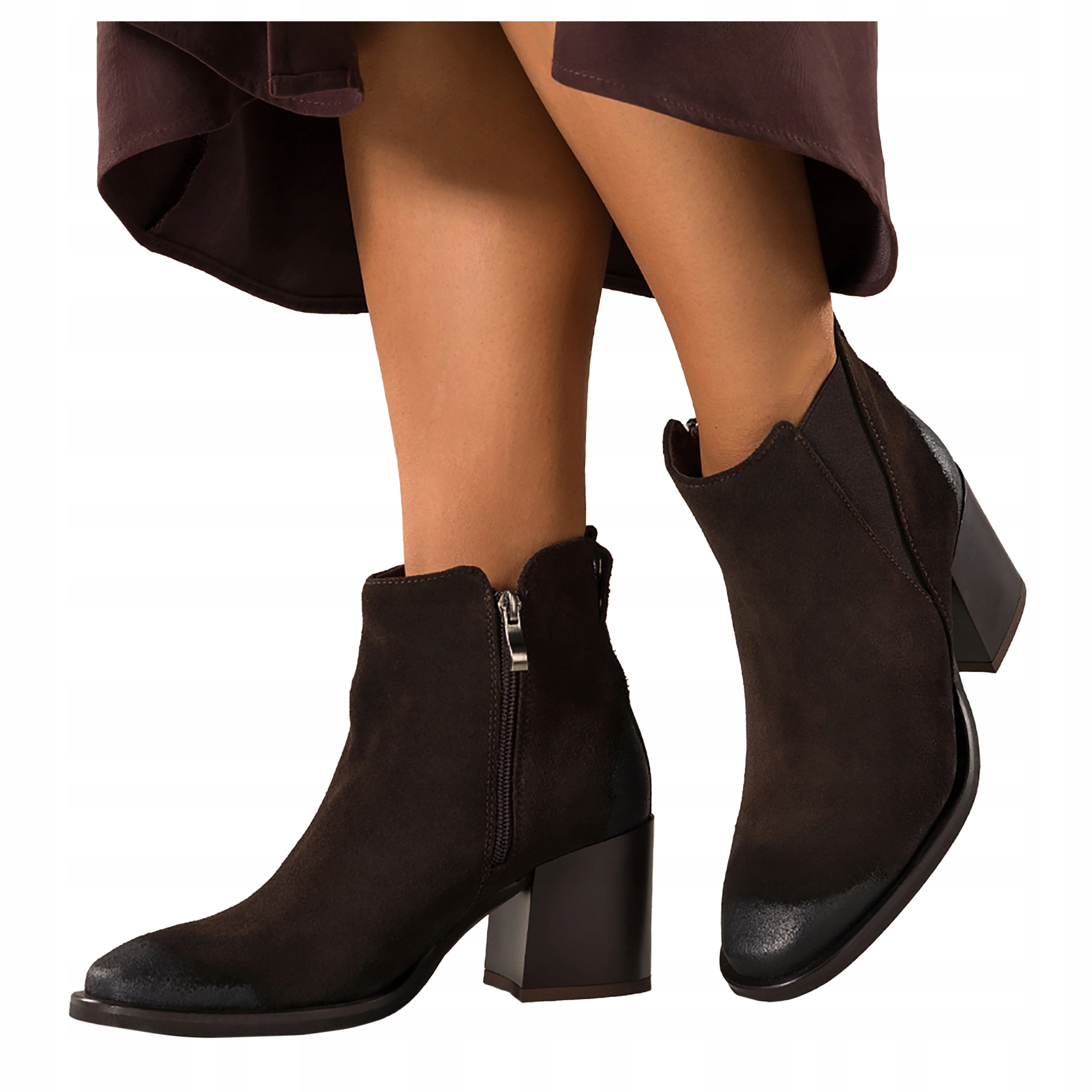 Elegantní dámské kotníkové boty Kožené Semišové Čokoládové Na Sloupku Módní velikost 39