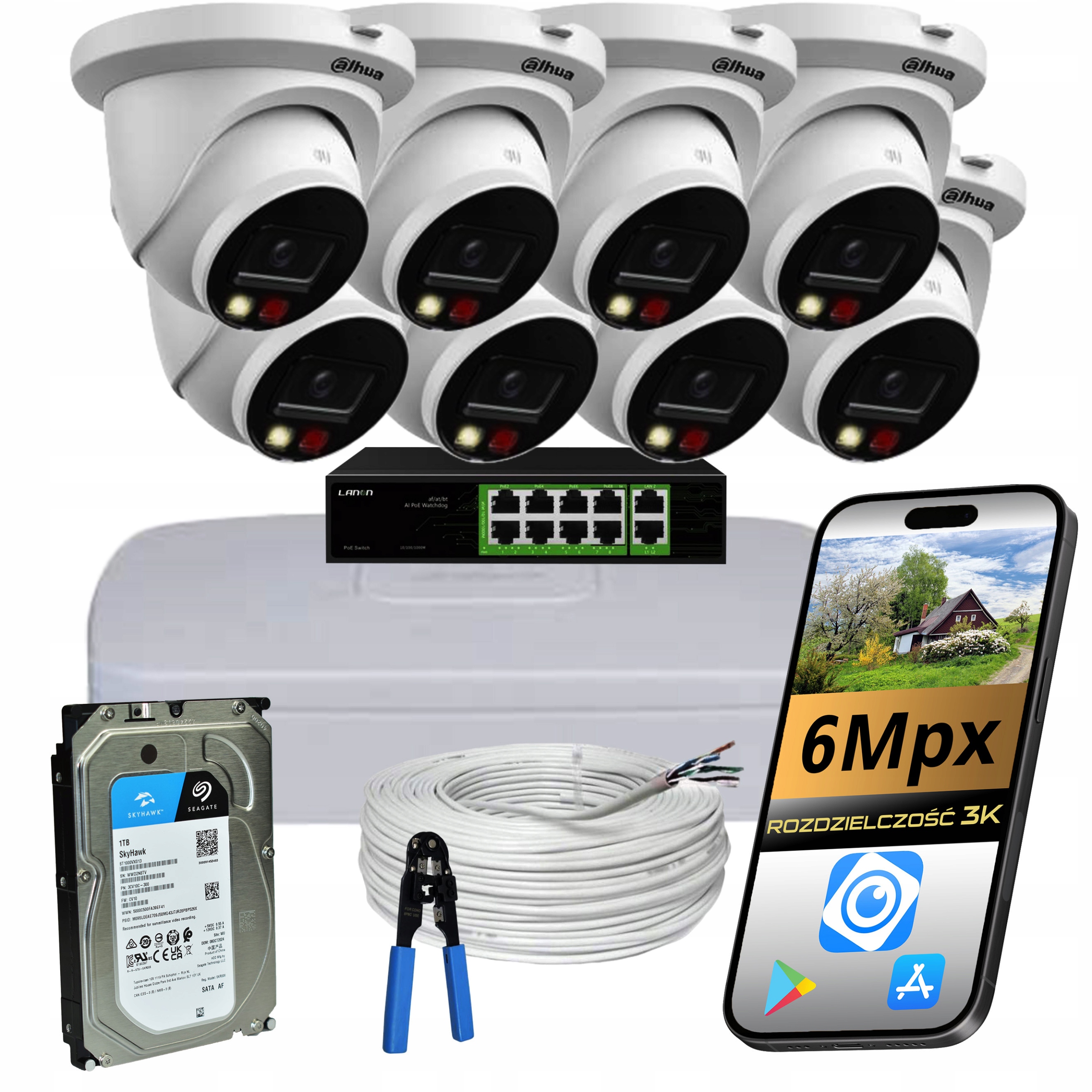 Monitoring Dahua 8 Kamer Zewnętrznych 6MPX Dual Led Mikrofon Rejestrator