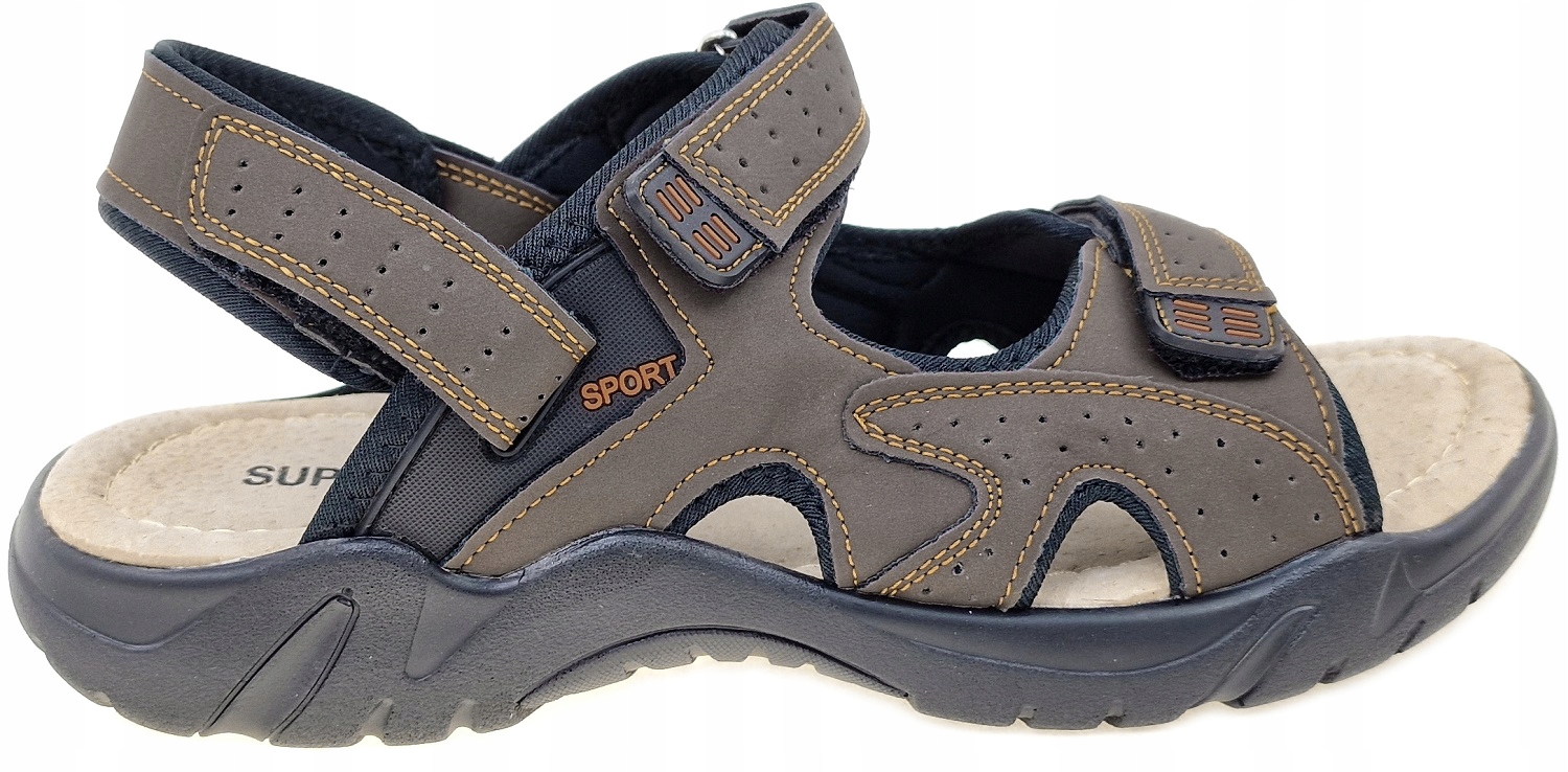 Klapki na Rzepy Sandały Męskie Lekkie Skóra r. 44 Model Skórzana Wkładka Męskie Sandały Zapinane na Rzepy