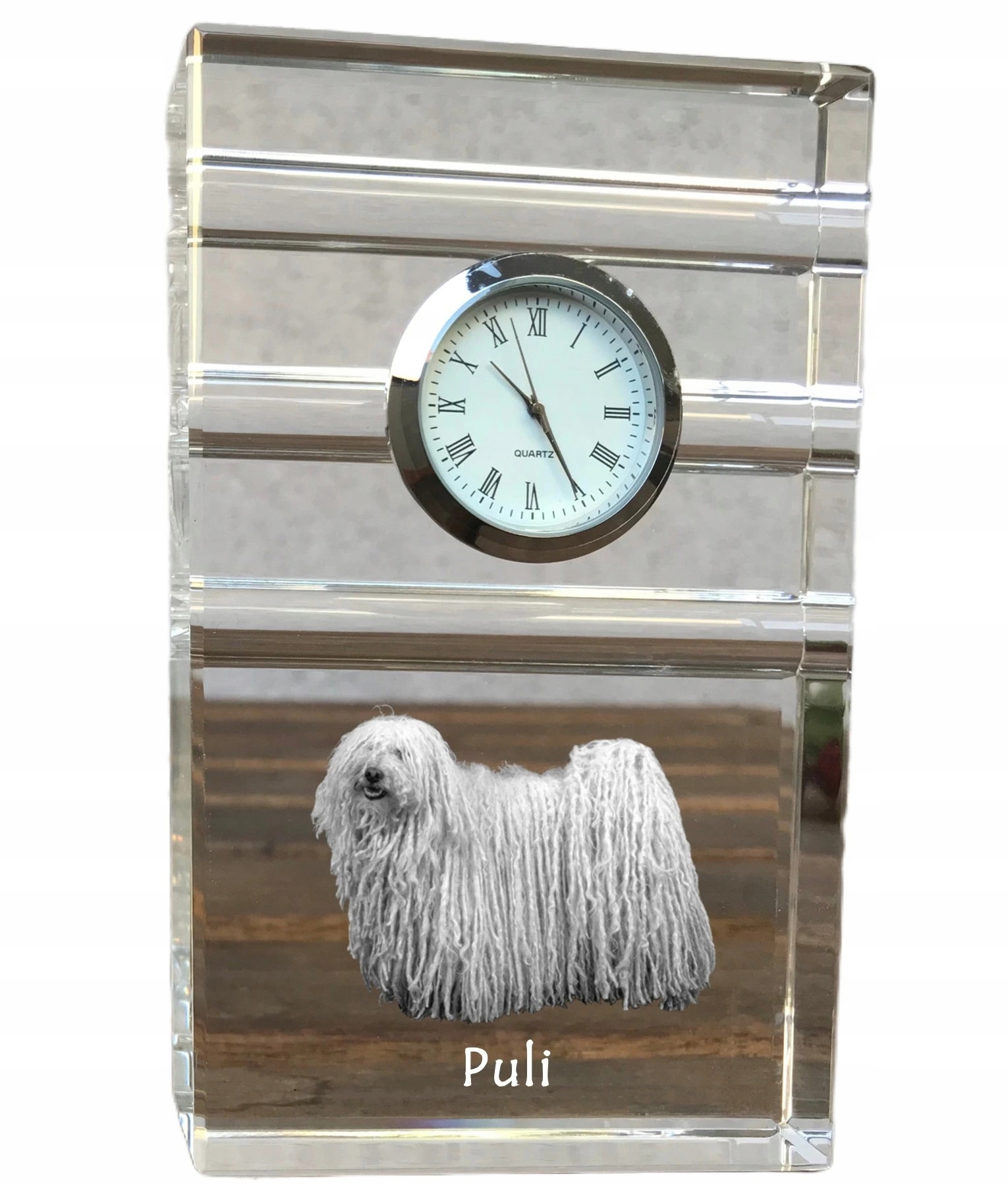 Puli krištáľové stolové hodinky so psom, s vašou fotografiou, suvenír
