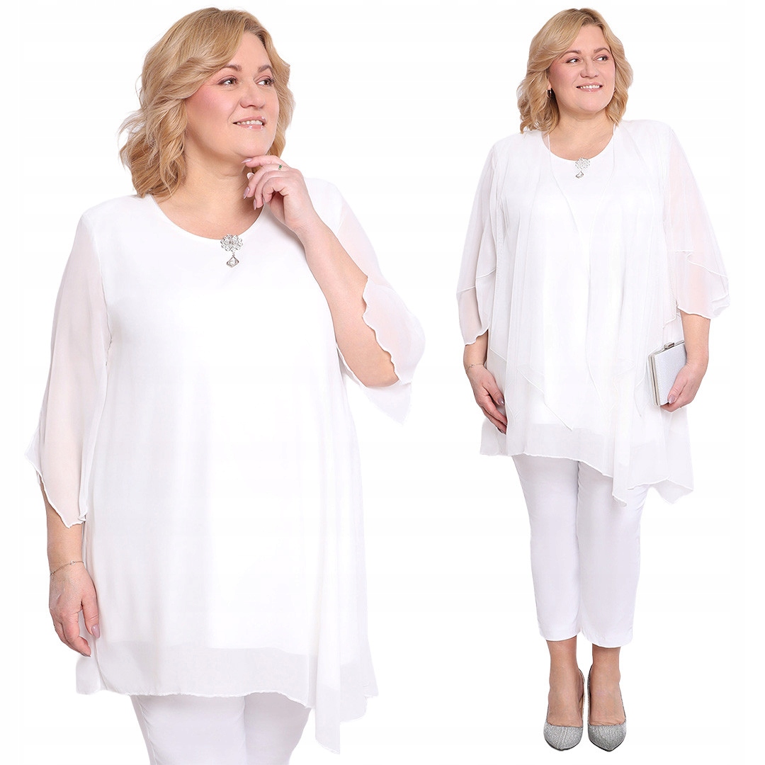 Bílá šifonová tunika s broží 56/58
