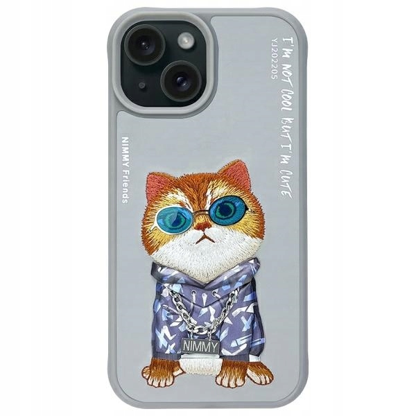 Etui Nimmy Glasses Cool Cat na iPhone 15 szare Nimmy