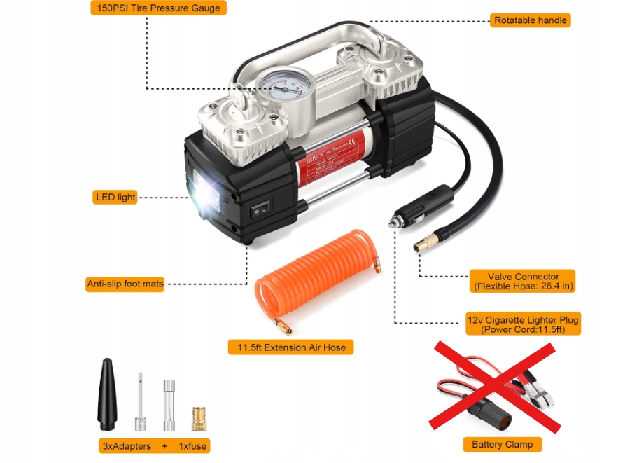 Přenosný vzduchový kompresor, odolná pumpa na pneumatiky s Led osvětlením