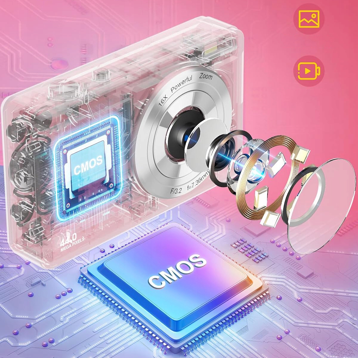 APARAT CYFROWY DLA DZIECI FOTOGRAFICZNY HD 1080P 44 MP 16X ZOOM OPTYCZNY Kolor różowy