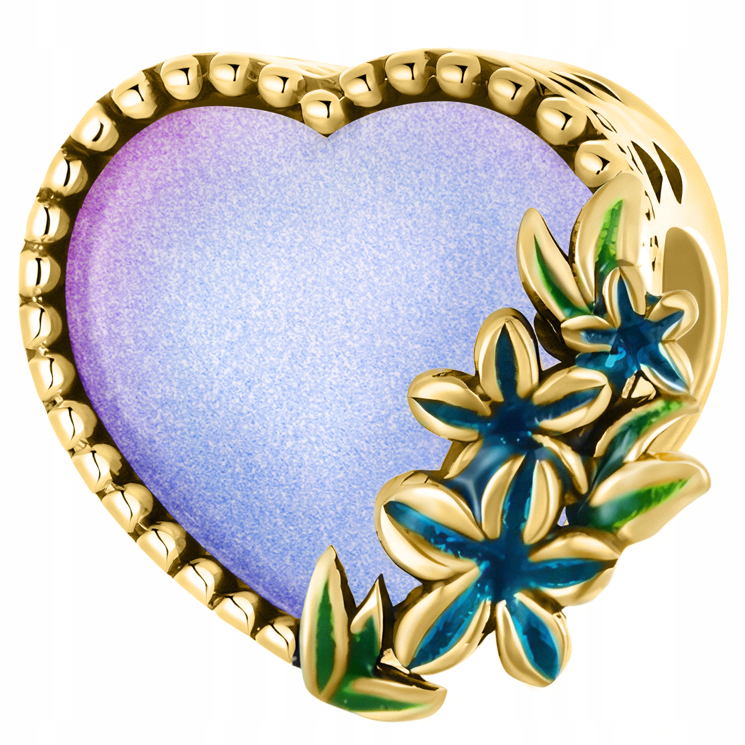 Přívěsek Zlaté Třpytivé Brokátové Srdce s Květinami Modré Srdíčko Květiny