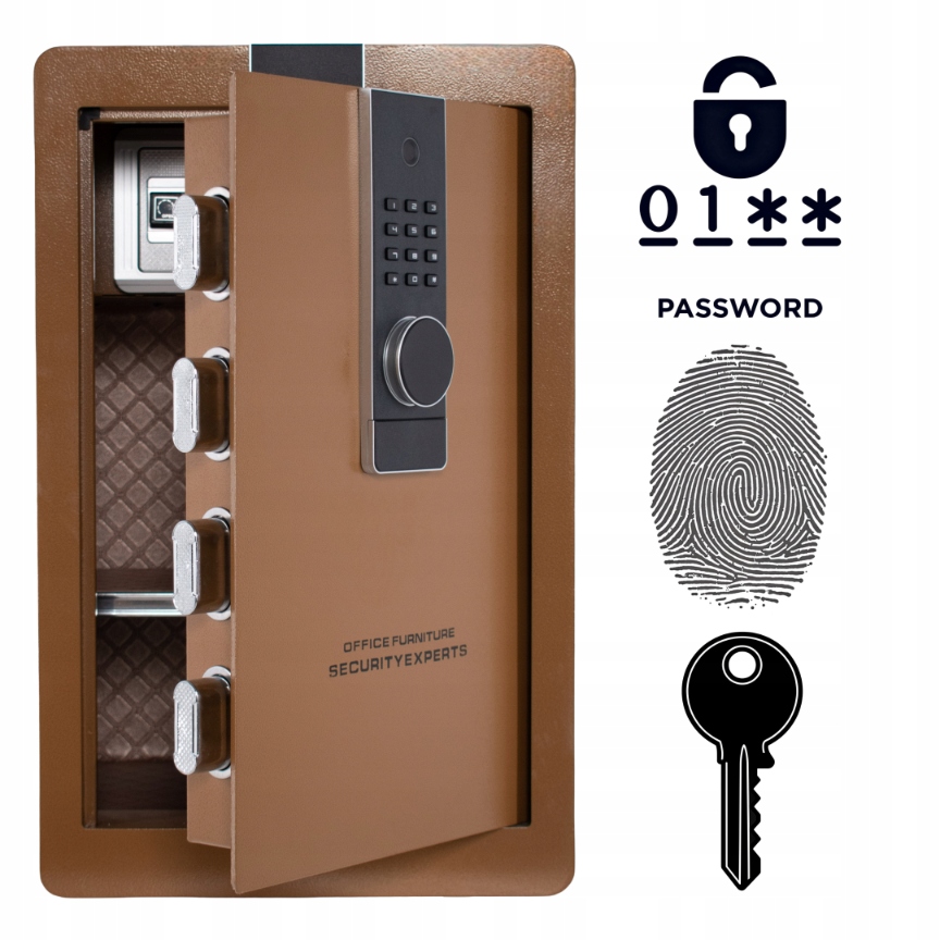 Pancerny Domowy Sejf Biometryczny Na Odcisk Palca 60x38x33 cm Brązowy