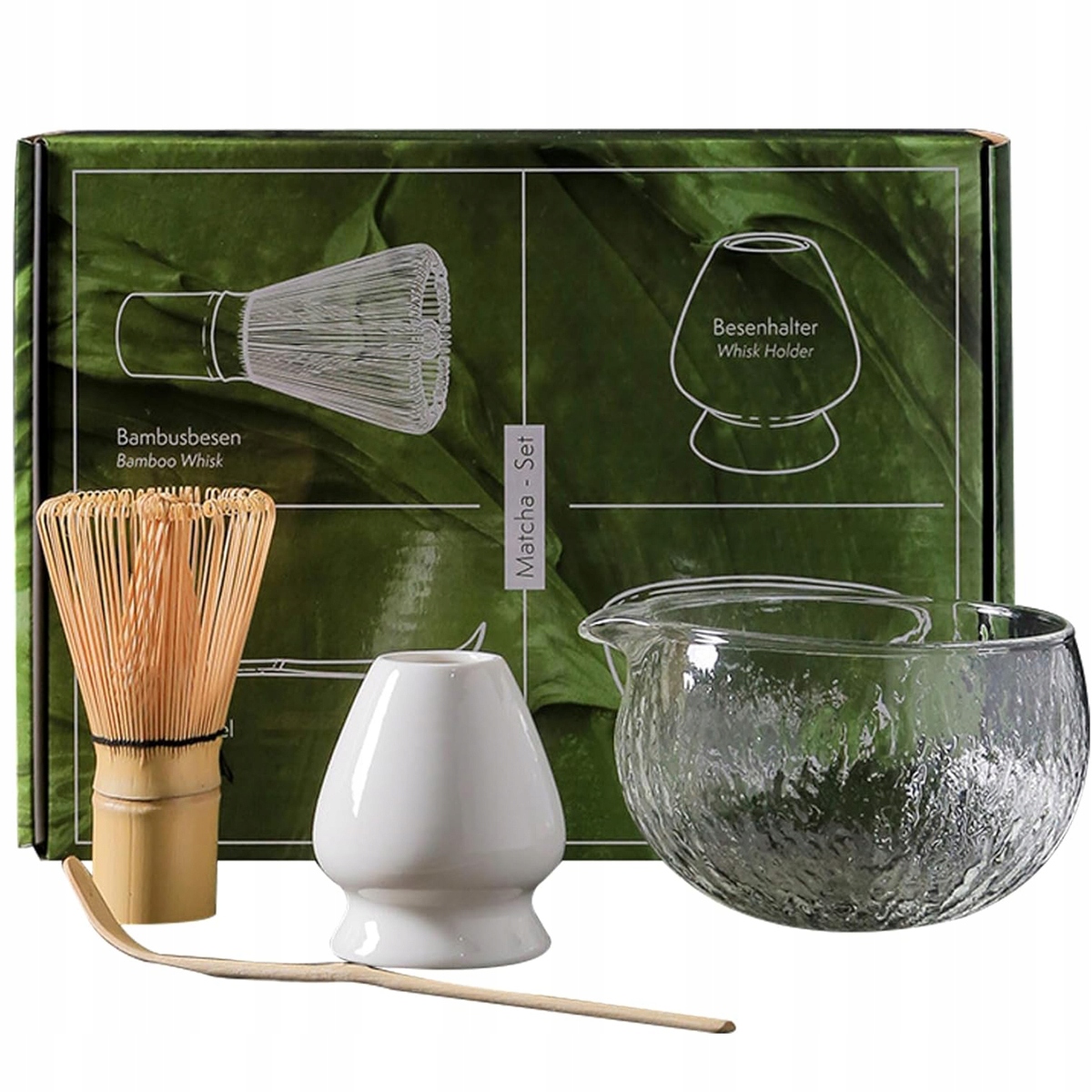 Levně Sada na přípravu Matcha, skleněná miska, metlička, lžička, 4 ks