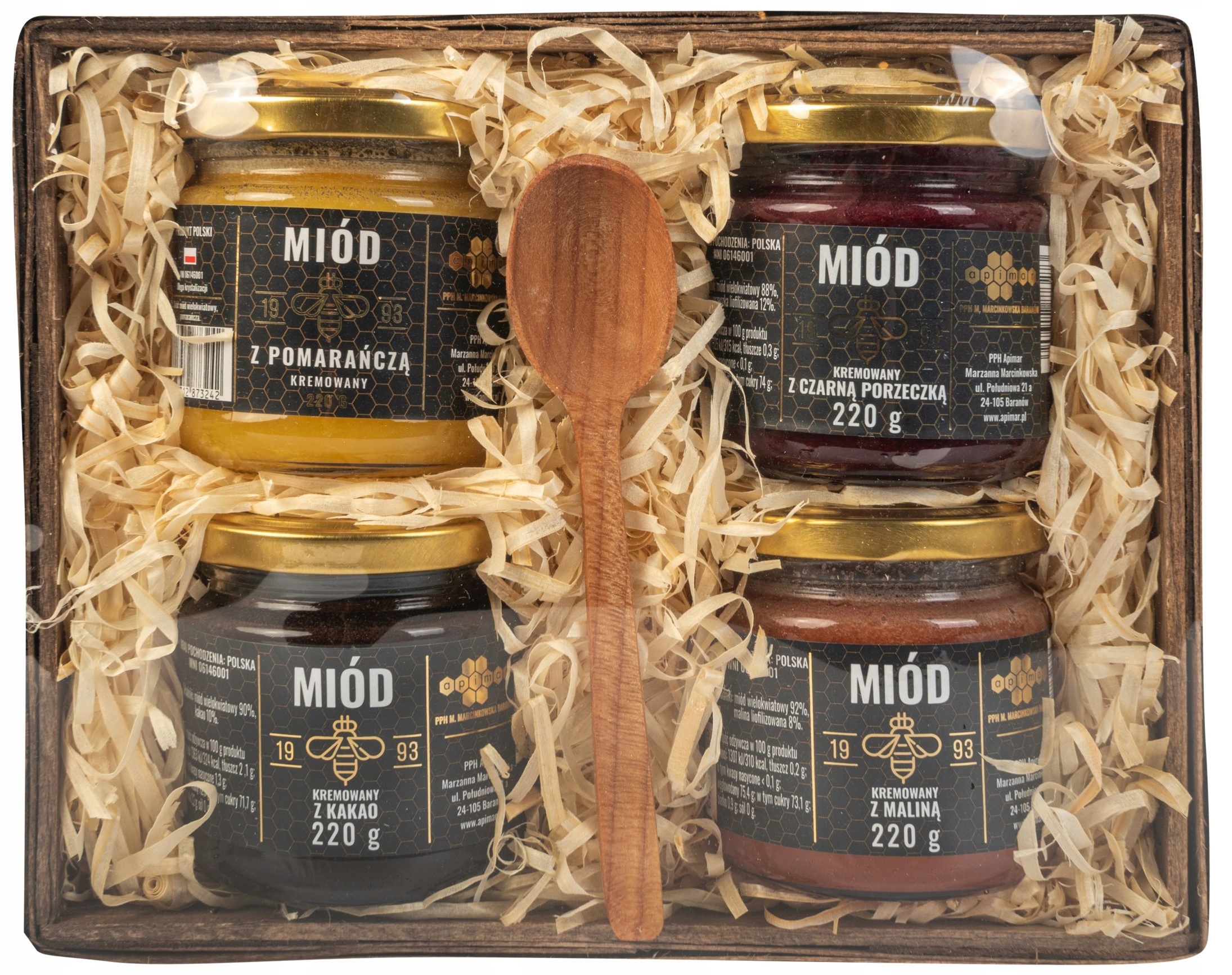 

Kosz prezentowy zestaw miodów podziękowanie 880g