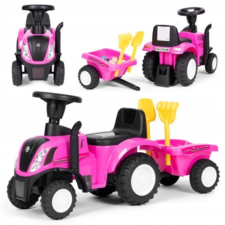 Jeździk traktor z przyczepką interaktywna kierownica dźwięki dla dzieci róż