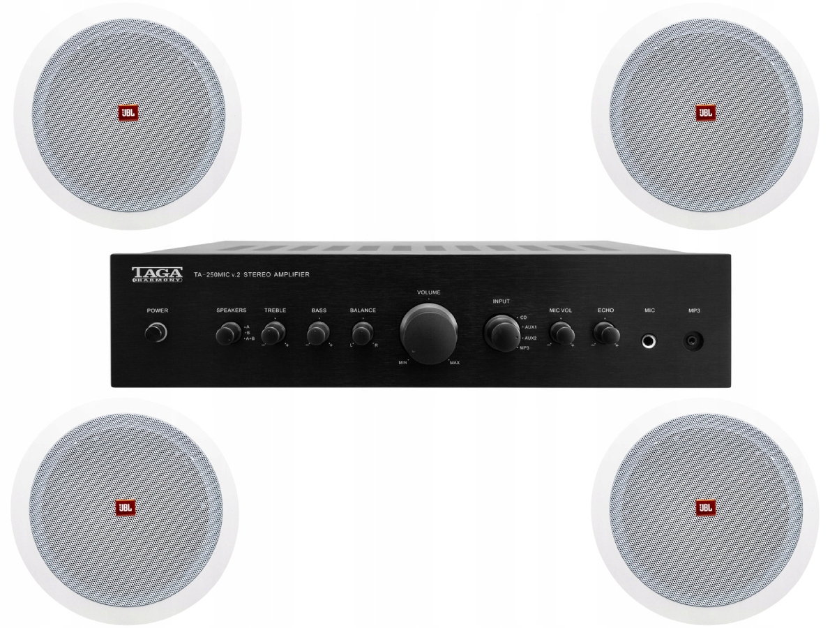 Sada zesilovačů 2 x 50 W stropní reproduktory Jbl