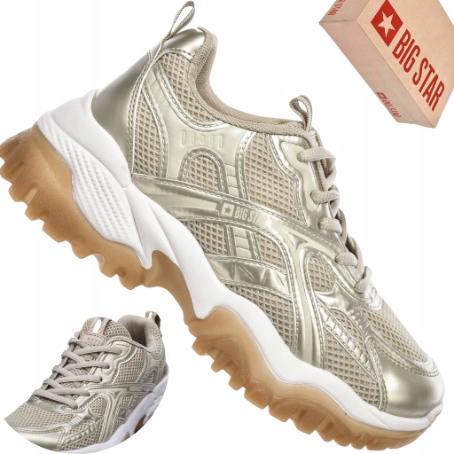 Buty damskie Big Star SS274014 złote sneakersy sportowe beżowe
