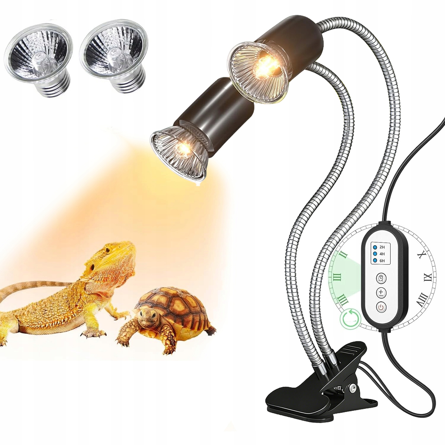 Levně Topná lampa s dvojitou hlavou pro plazy, topná lampa Uva/uvb časovač