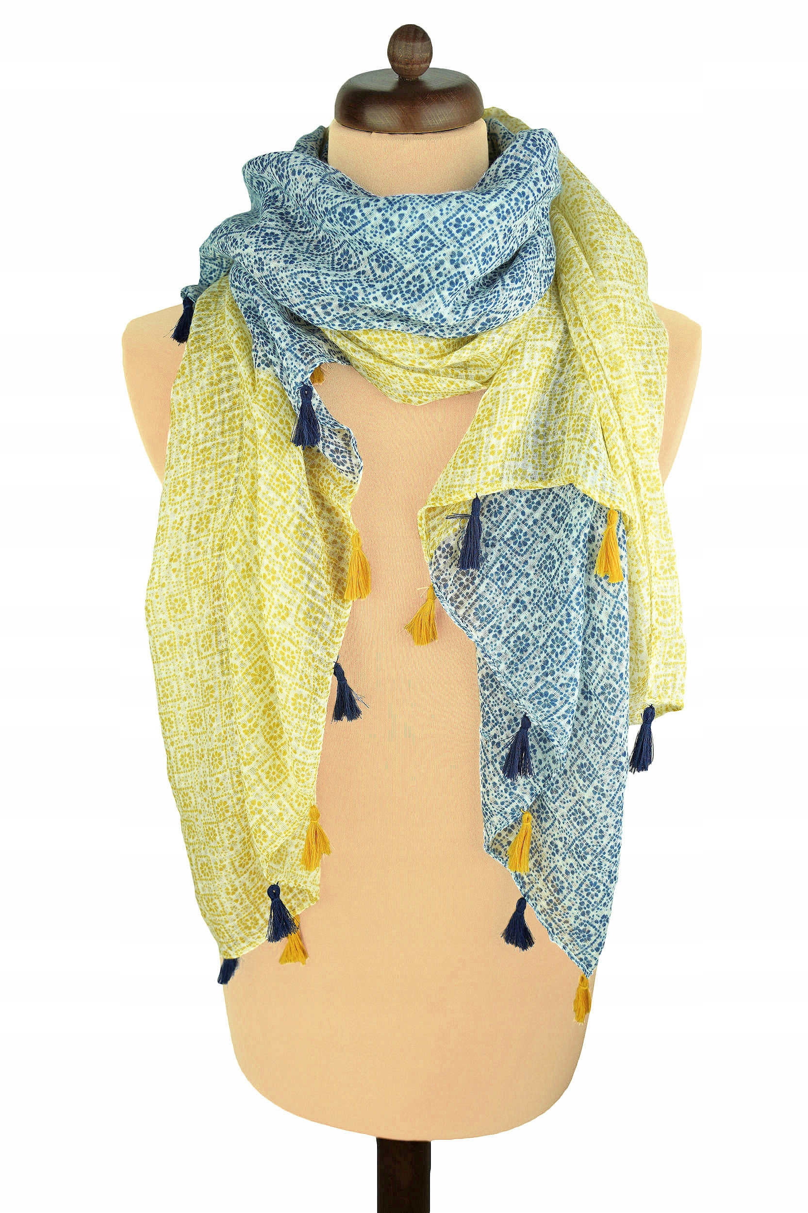 SZAL CHUSTA BOHO NIEBIASKO ŻÓŁTA Z FRĘDZLAMI