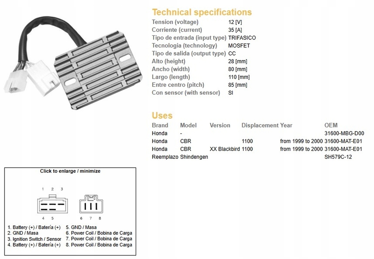 Regulátor Napätia Dze Honda Cbr 1100XX '99-'00 (31600-MAT-E01) (SH579C-12)