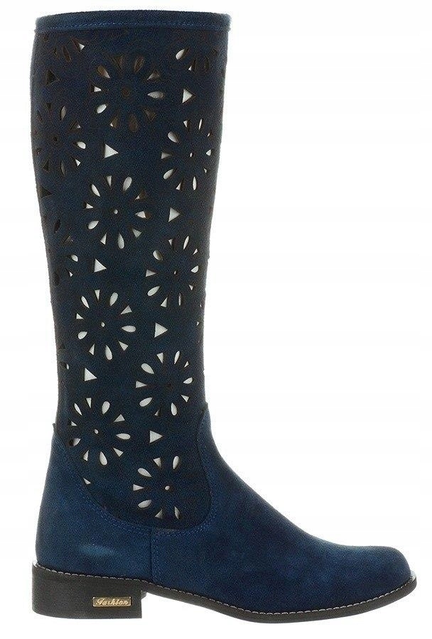 Dámské semišové kozačky s modrým vzorem, styl boho, nízký podpatek, velikost 37