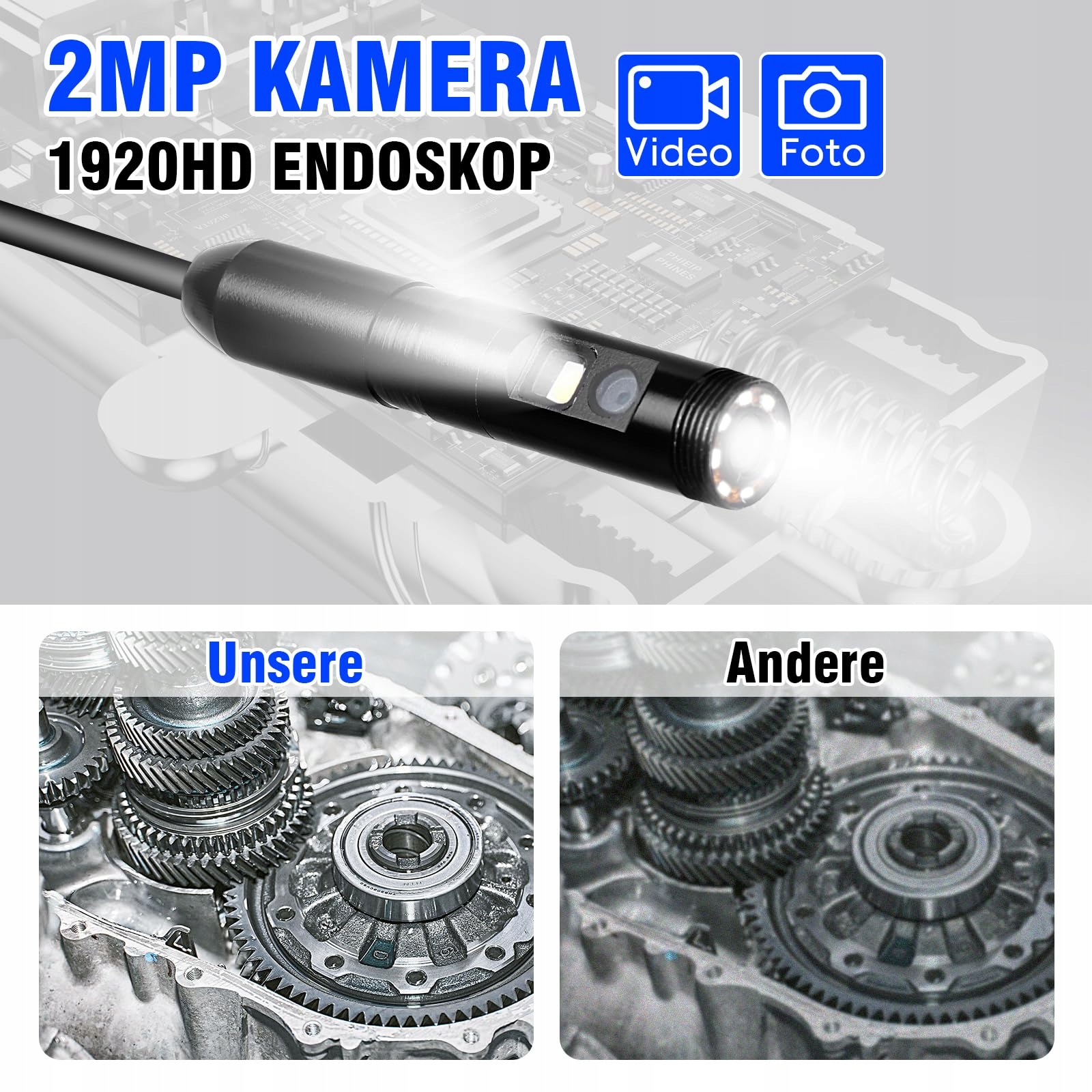 WADEO Kamera Endoskopowa Dualna 1920P HD LED IP67 Android iOS 5m — miniatura 2