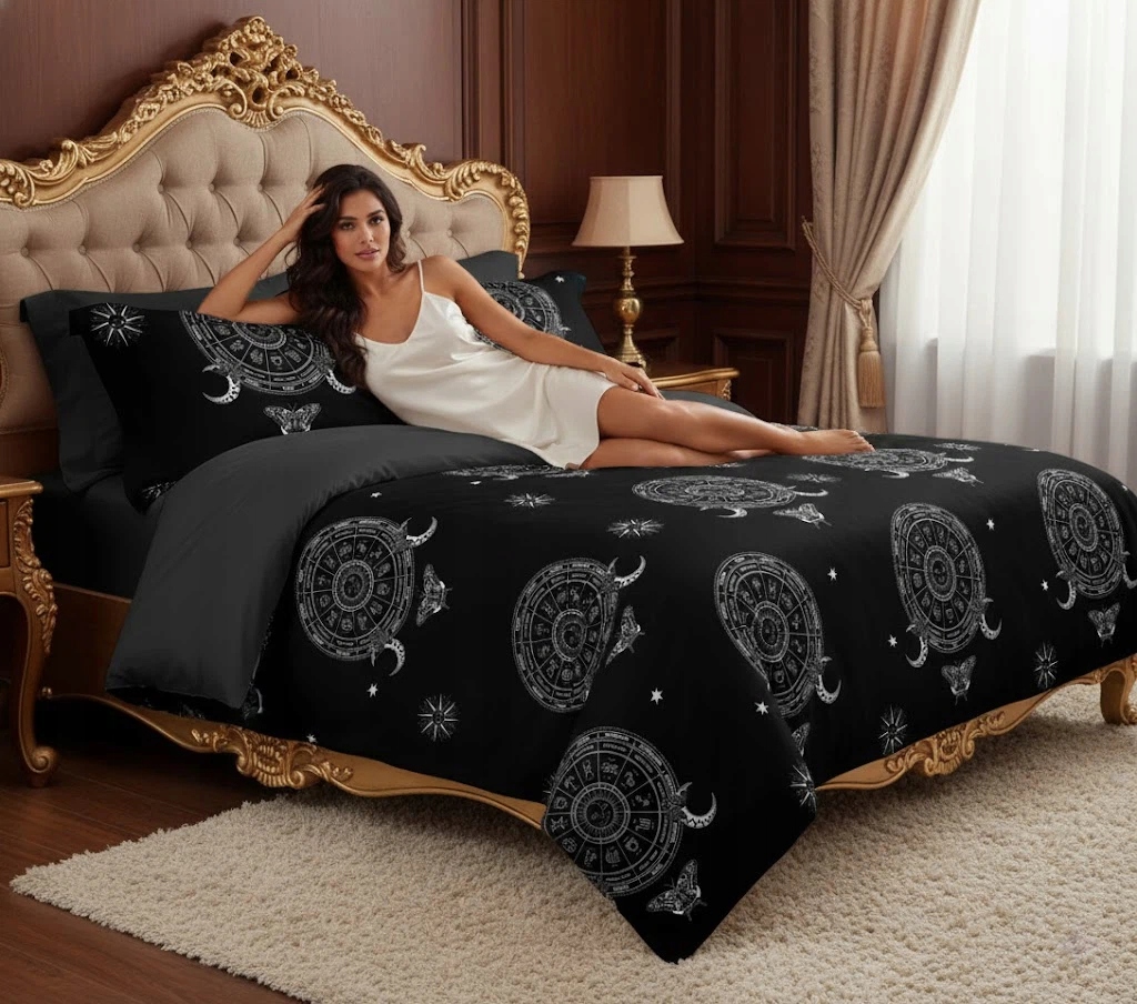 3dílná bavlněná černá sada ložního prádla s motivem zvěrokruhu 160x200 pro dvoulůžko