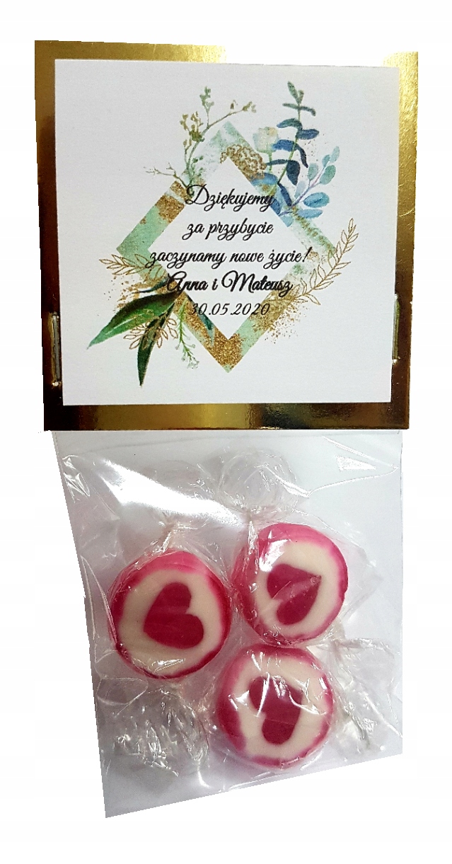 

ślubne rustykalne prezenciki Cukierki serca złote