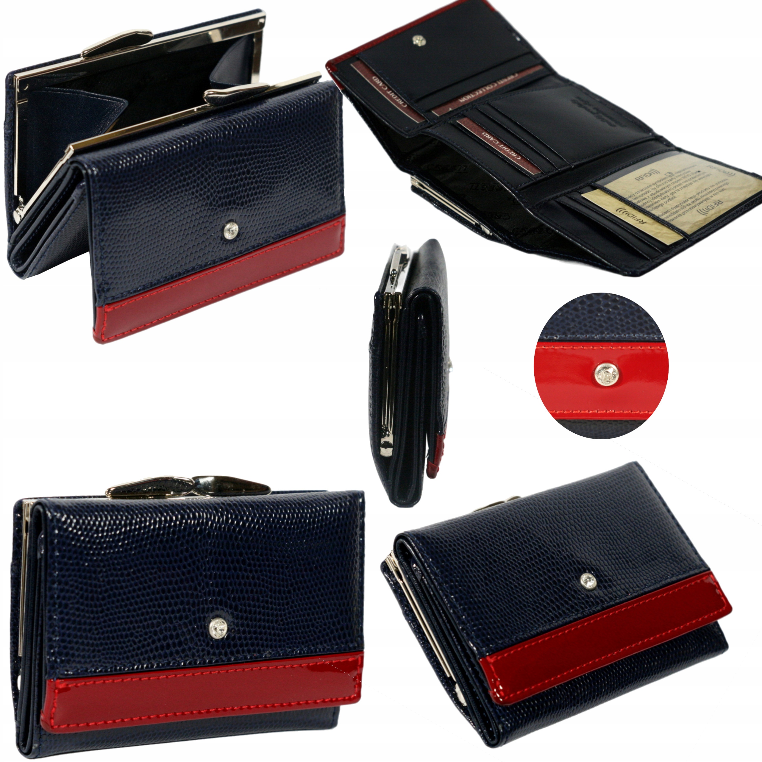 Dámská kožená peněženka tmavě modrá s malými krystaly Swarovski polská výroba