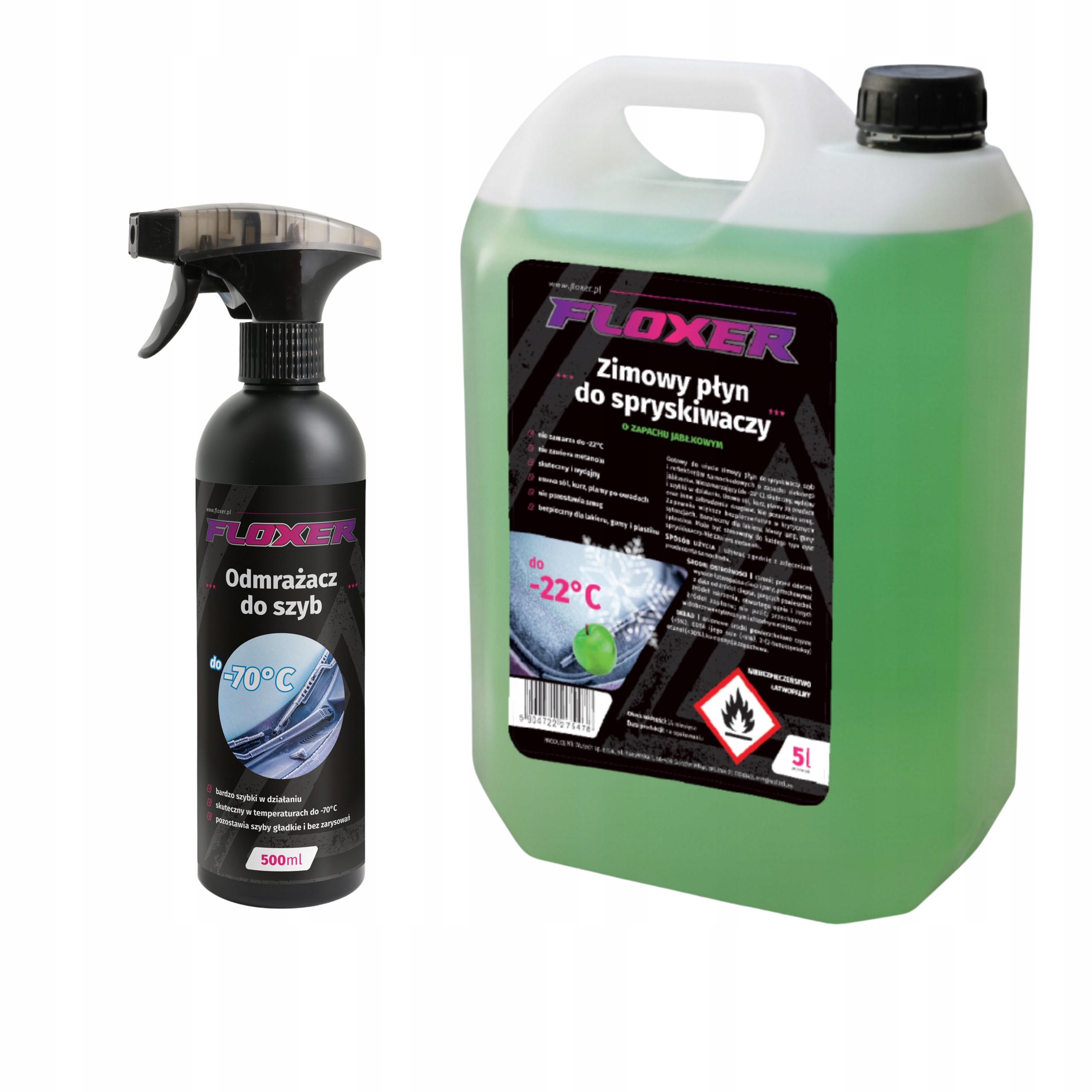 Zestaw Płyn do spryskiwaczy Zimowy -22°C 5L Floxer Odmrażacz do szyb 500ml