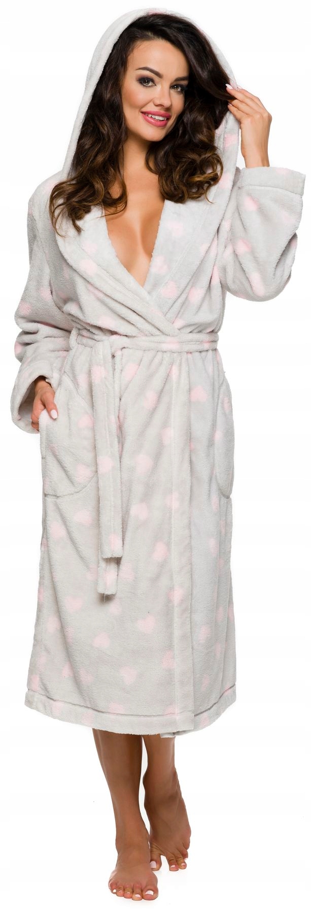 DŁUGI CIEPŁY PUCHOWY DAMSKI SZLAFROK PODOMKA L Kaptur z kapturem