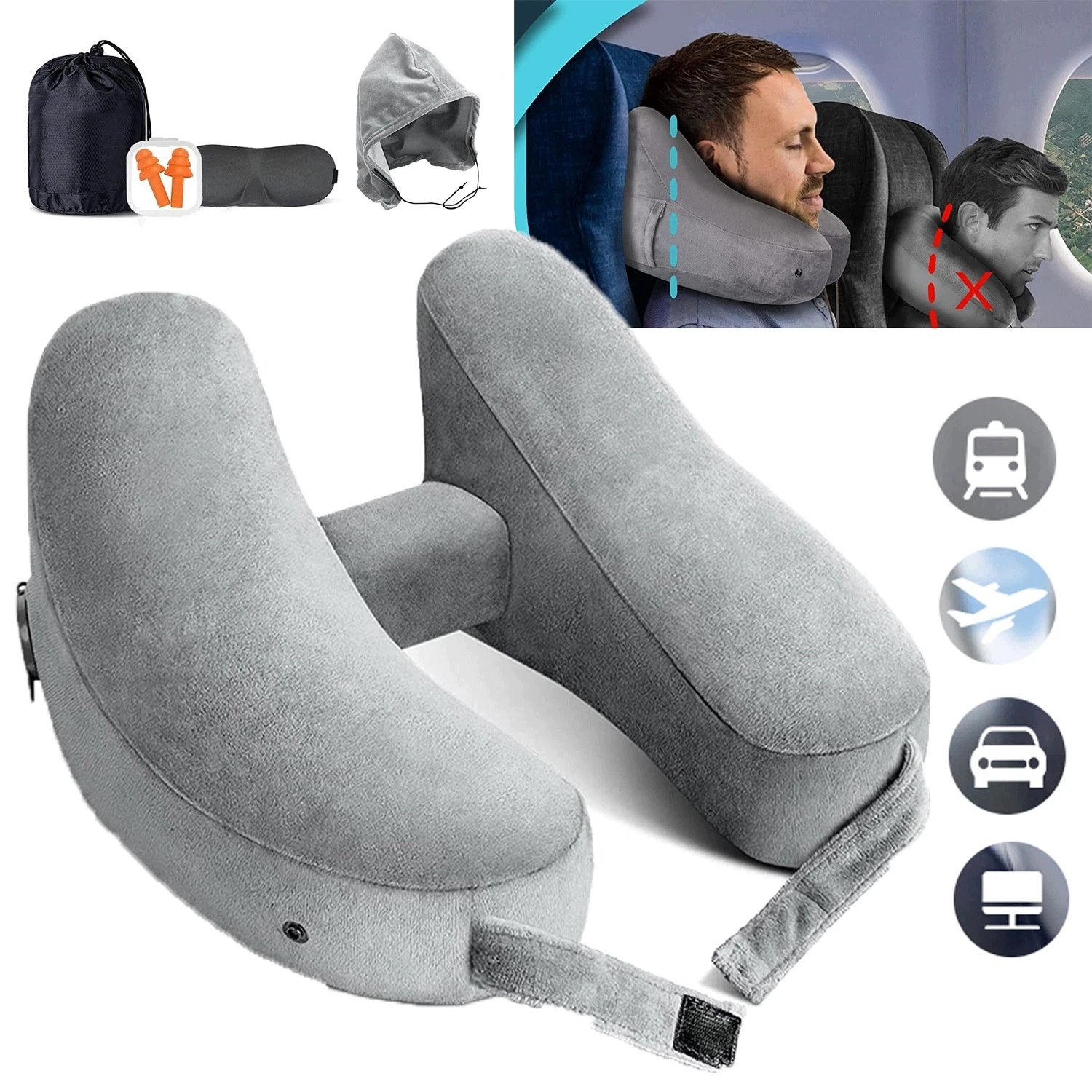 Ergonomiczna Dmuchana Poduszka Podróżna Kształt H Do Auta I Lotu Szara 4D