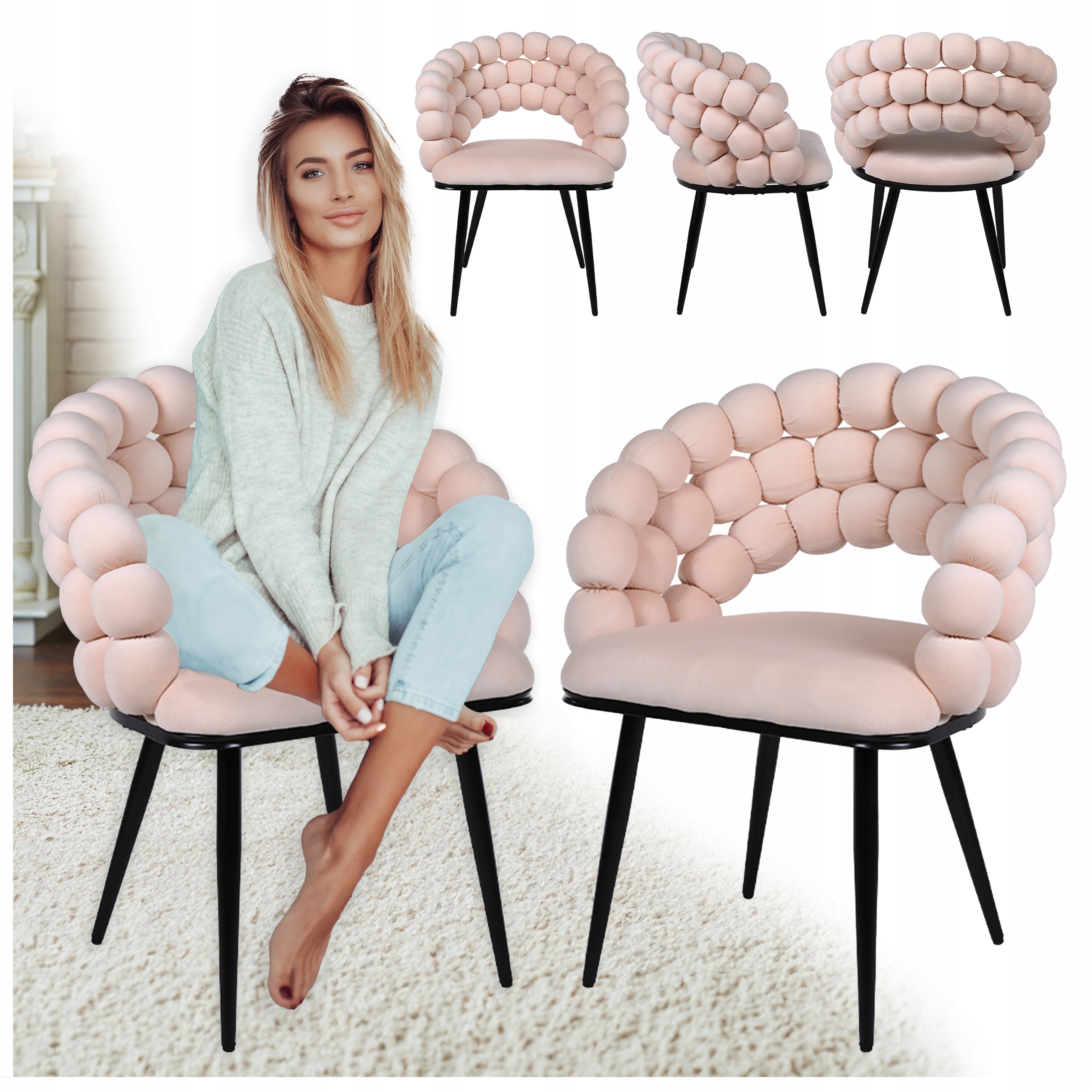 Fotel Krzesło Bubble Welurowe Tapicerowane Atria Ecru Nogi Czarne