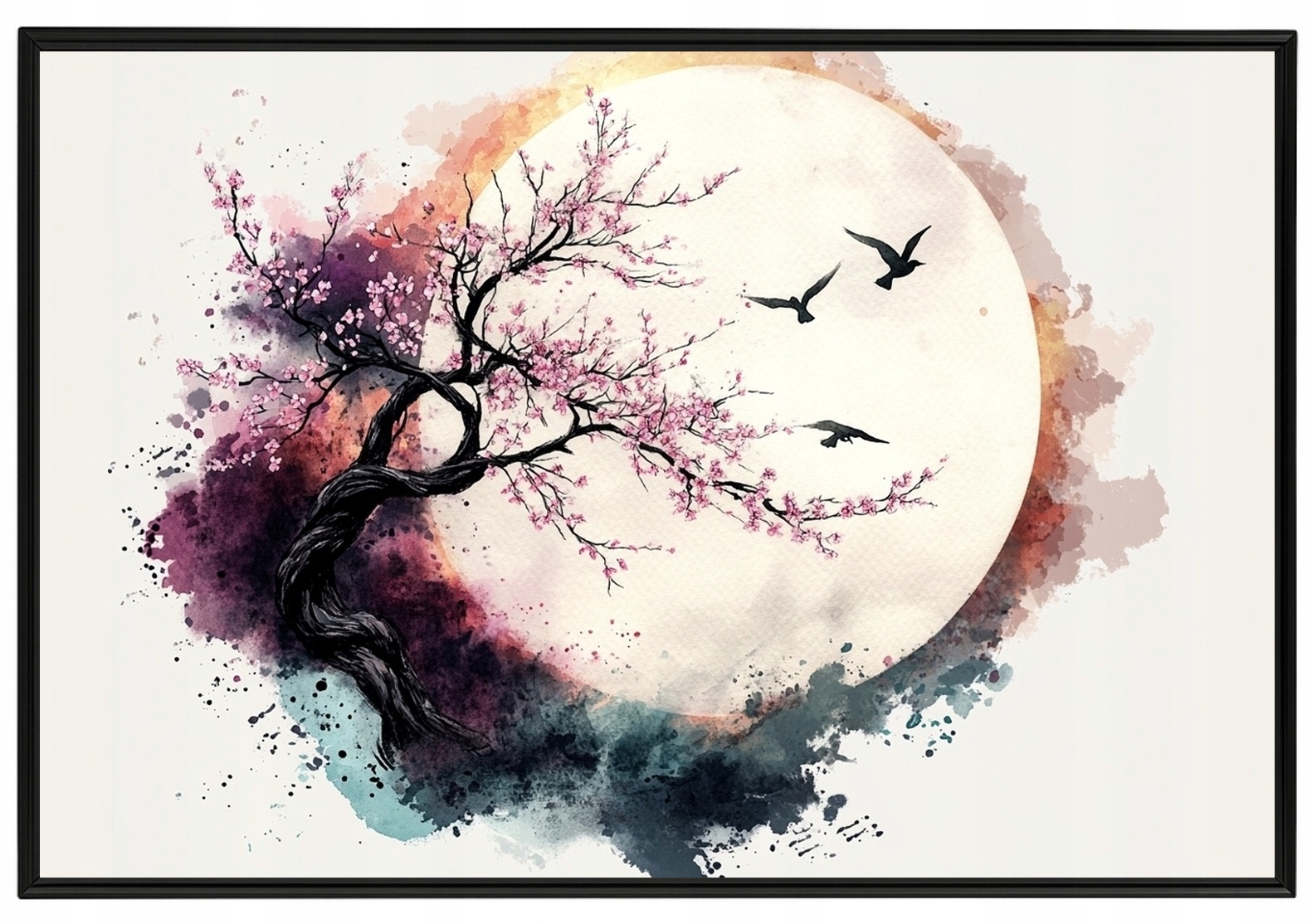 Plakát Rámeček Aluminium Grafika Měsíc Ptáci Višeň Sakura Japandi 60x40