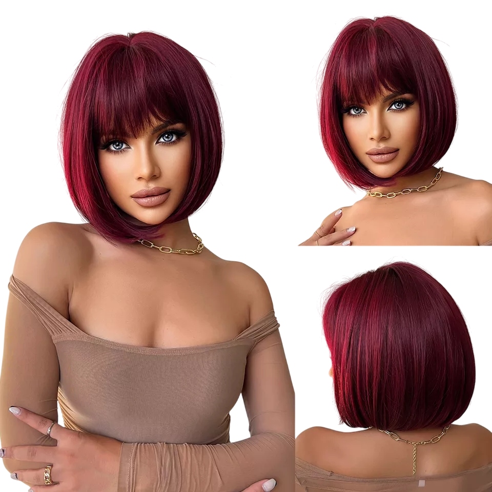 Peruka Damska bordowa bob z grzywką jak naturalne włosy czepek