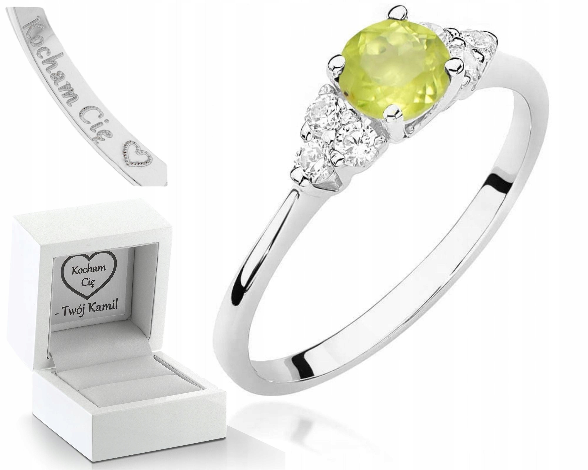 Bílé Zlato Prstýnek S Olivínem A Diamanty 585 Gravírování Bonus Dárek