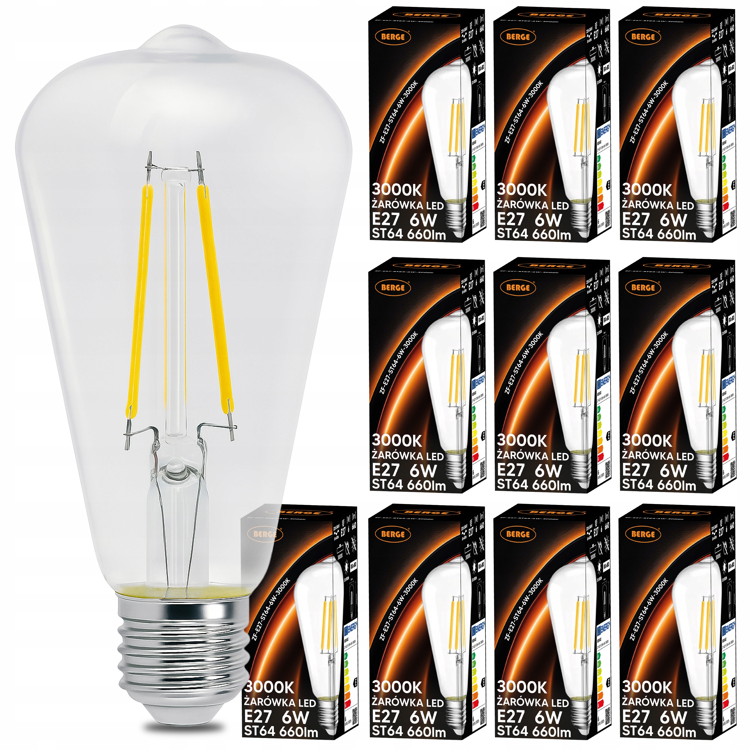 Żarówka Led E27 ST64 8W 75W 880lm Filament 3000K Ciepła Zestaw 10x