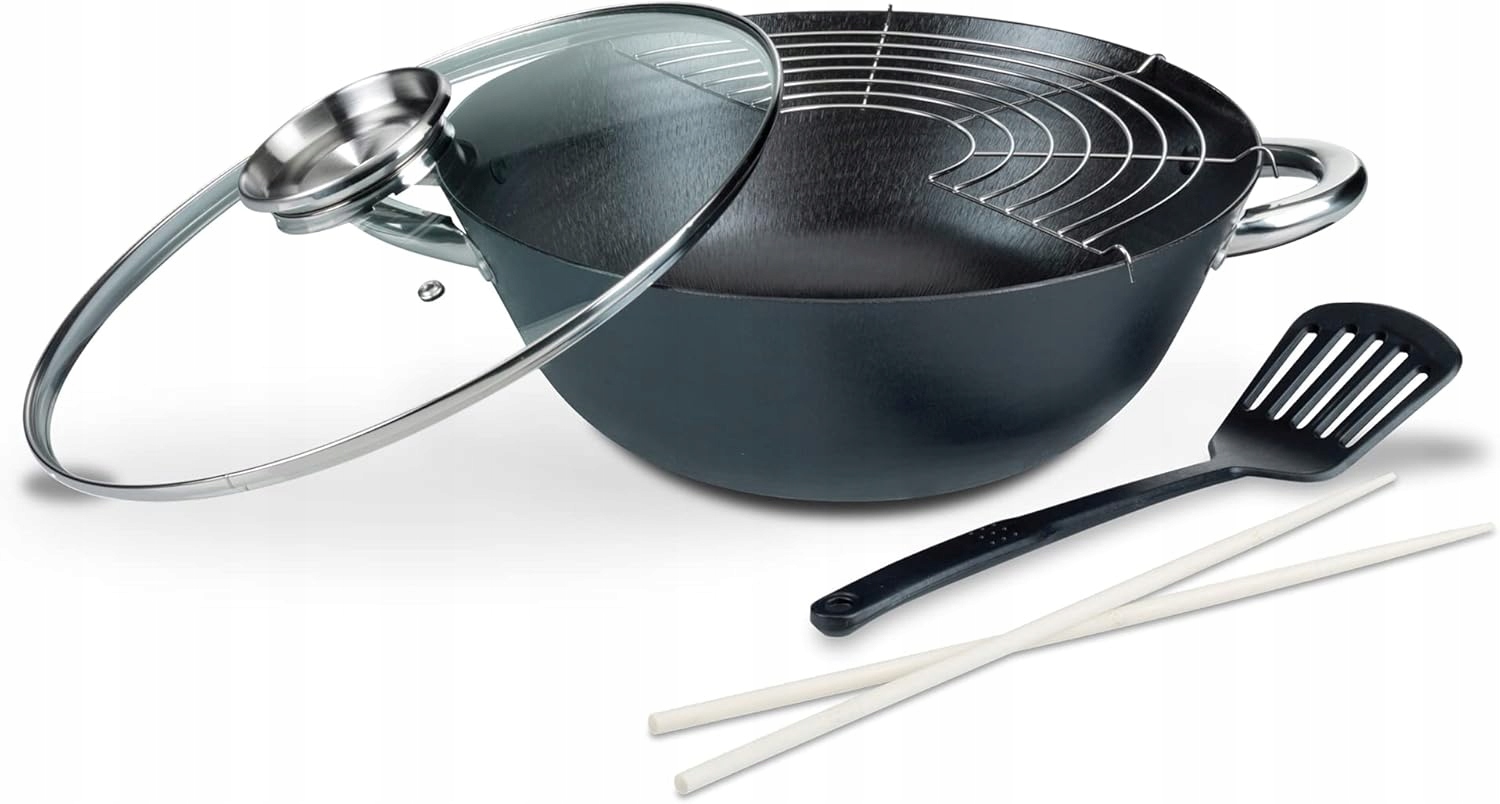 Liatinový Wok 32 CM 6,2 L Gsw Pokrievka Sklo Indukcia Pec Sada 5EL