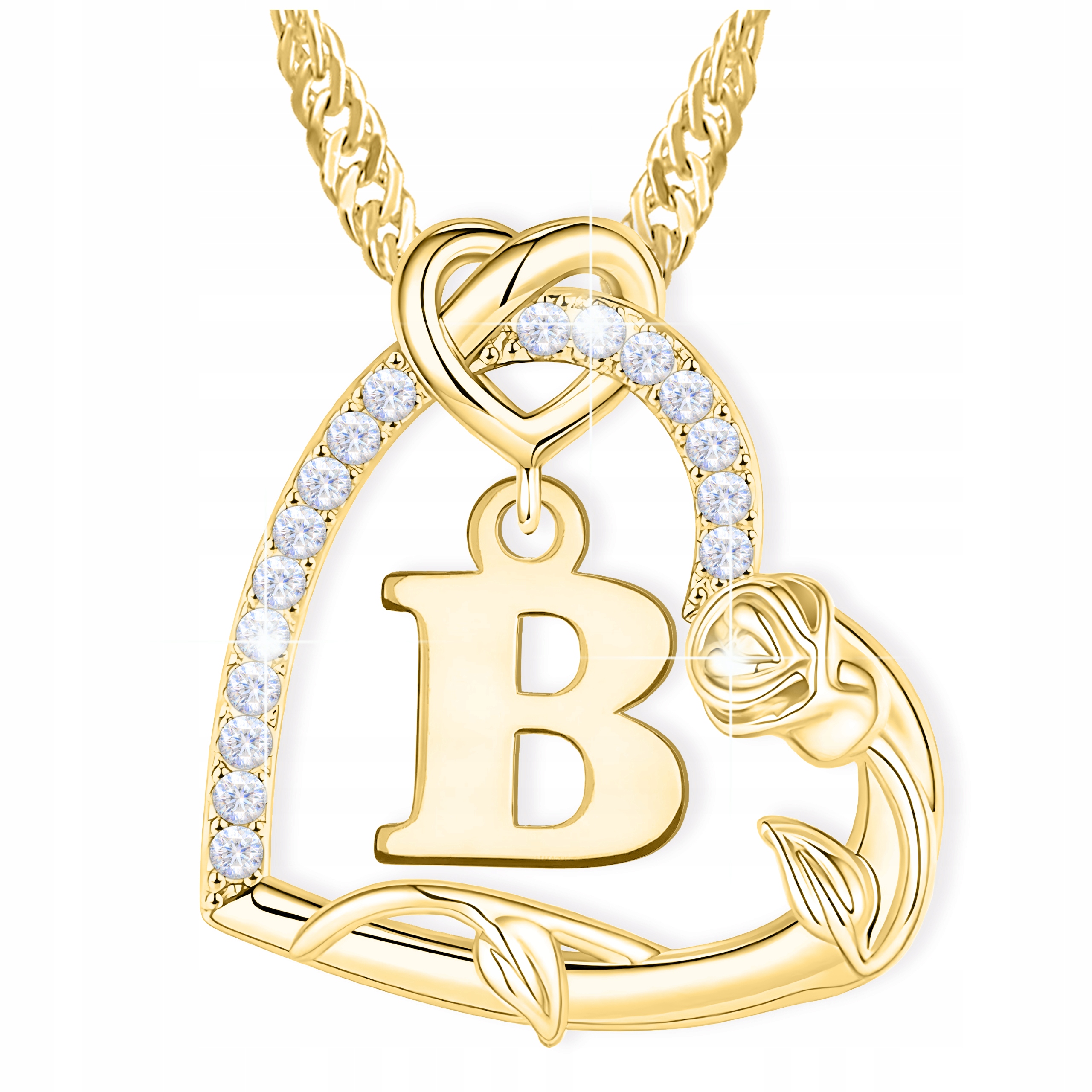 Zlatý náhrdelník s písmenem B Srdce s zirkony Květ růže Stříbro 925