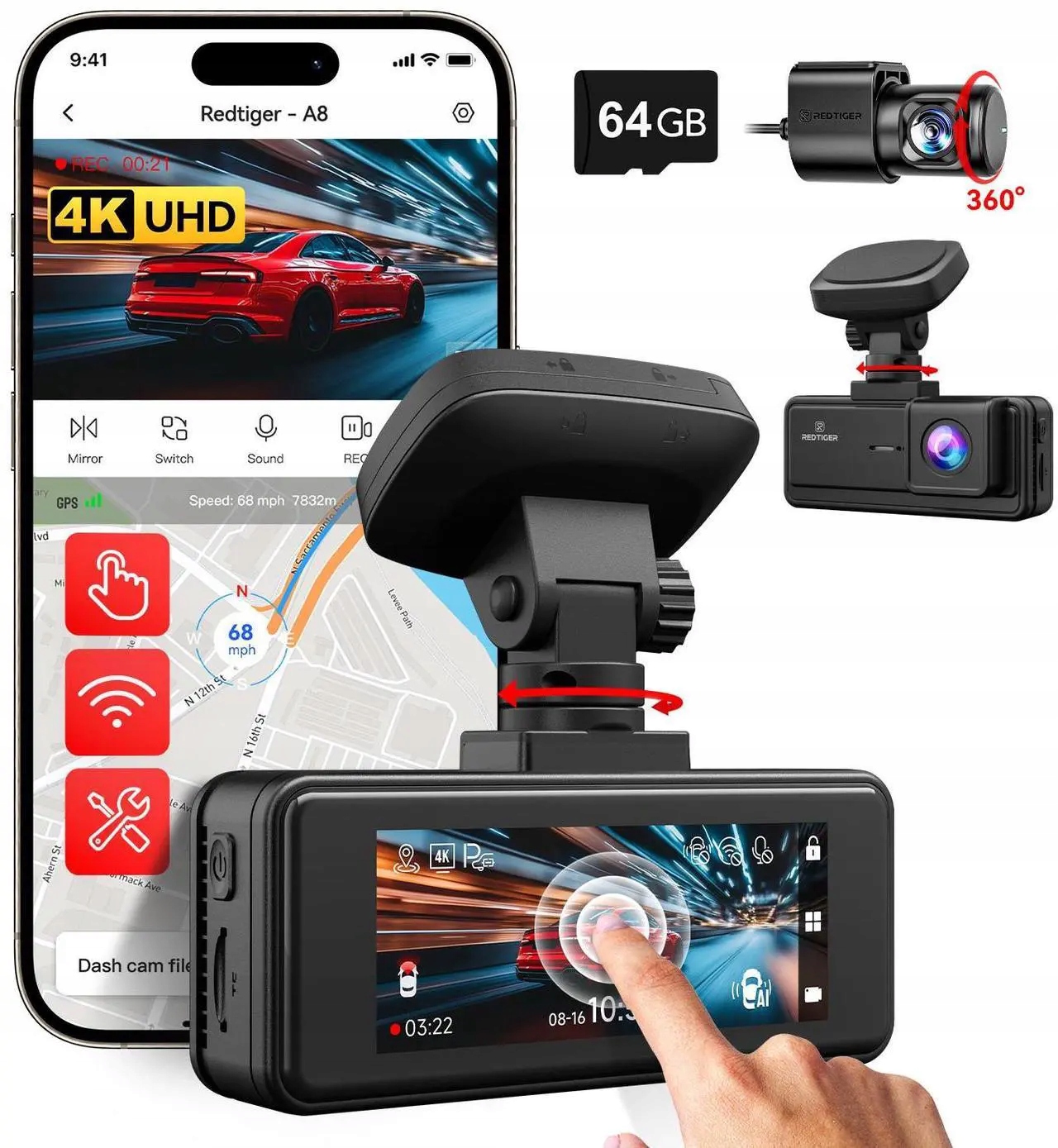 Palubná kamera 4K Redtiger A8 Predná a zadná, dotykový displej, WiFi, 64GB, nočné videnie