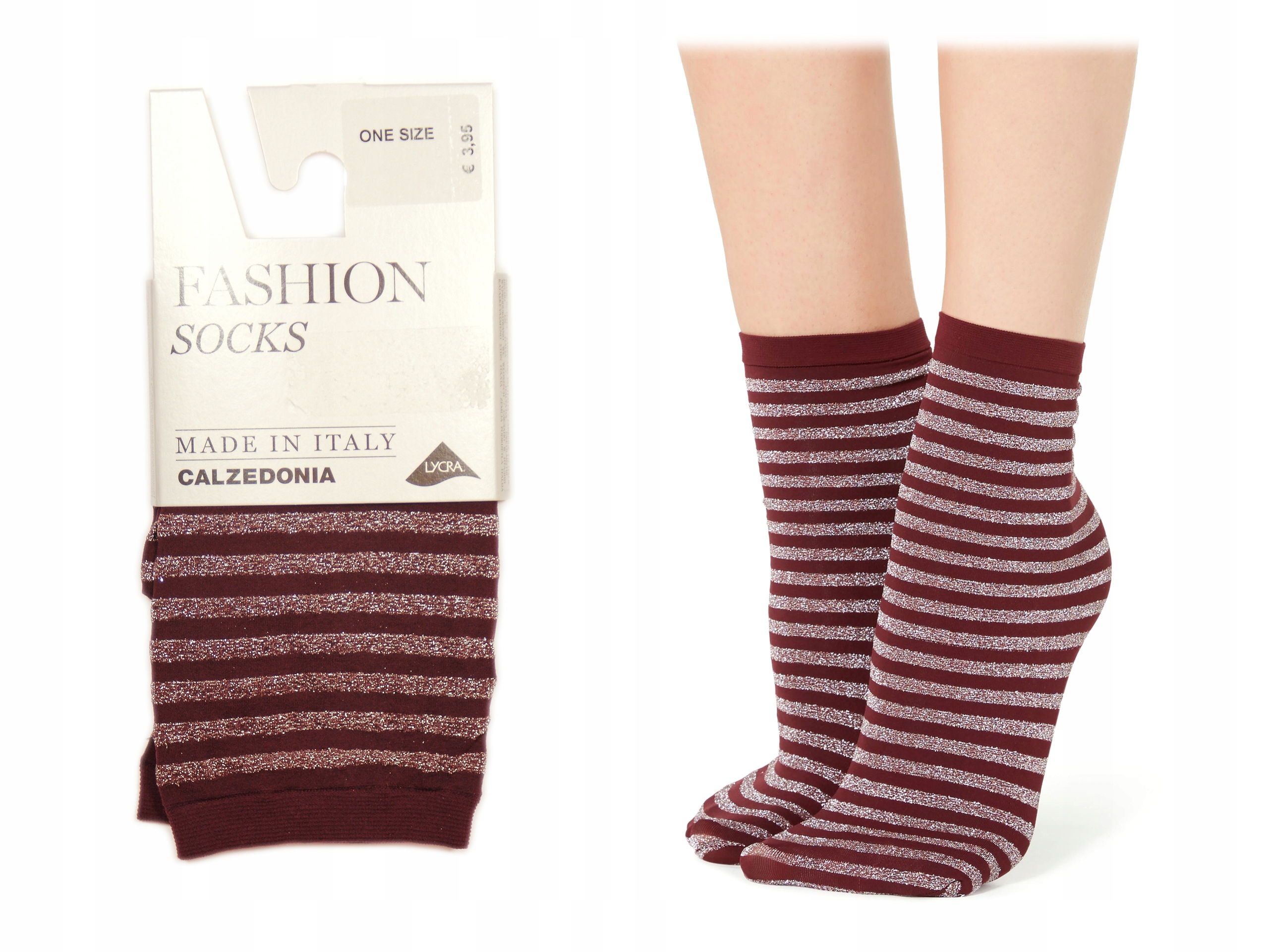 

Calzedonia skarpetki bordowe w srebrne paski