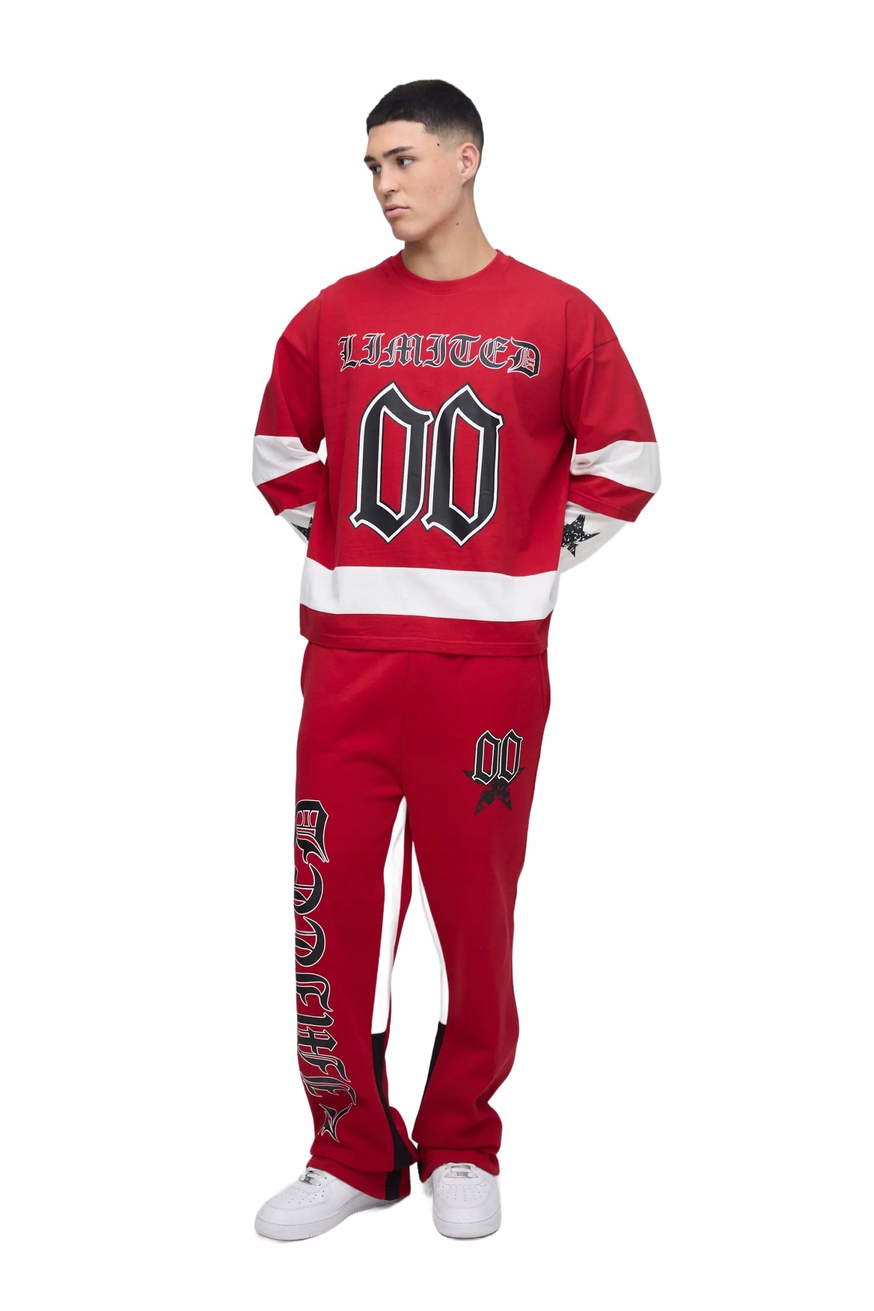 Boohooman Pánská Tepláková Souprava Červená S Bílými Vložkami, Potisk L Z3A