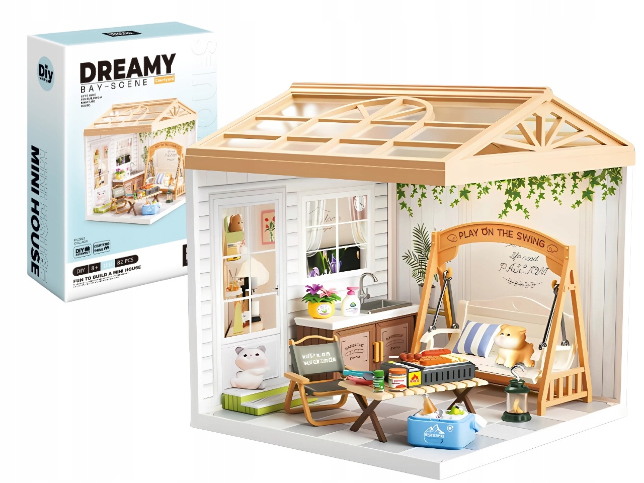 Miniaturowy domek dla lalek Diy Wiejski Ogród, model, Led, 82 El.